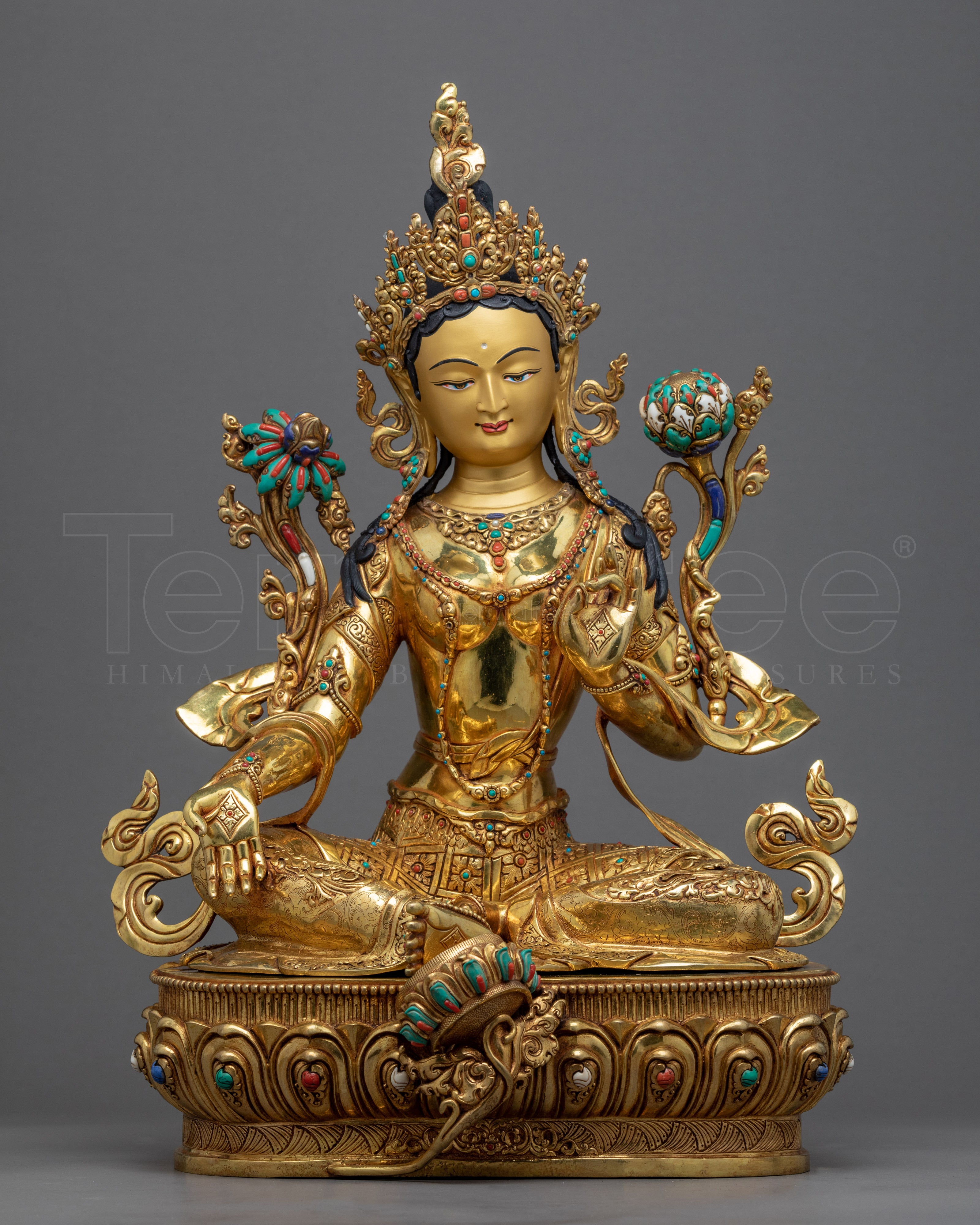 Female Buddha Sculpture | Tibetan Green Tara Art Plated with Gold