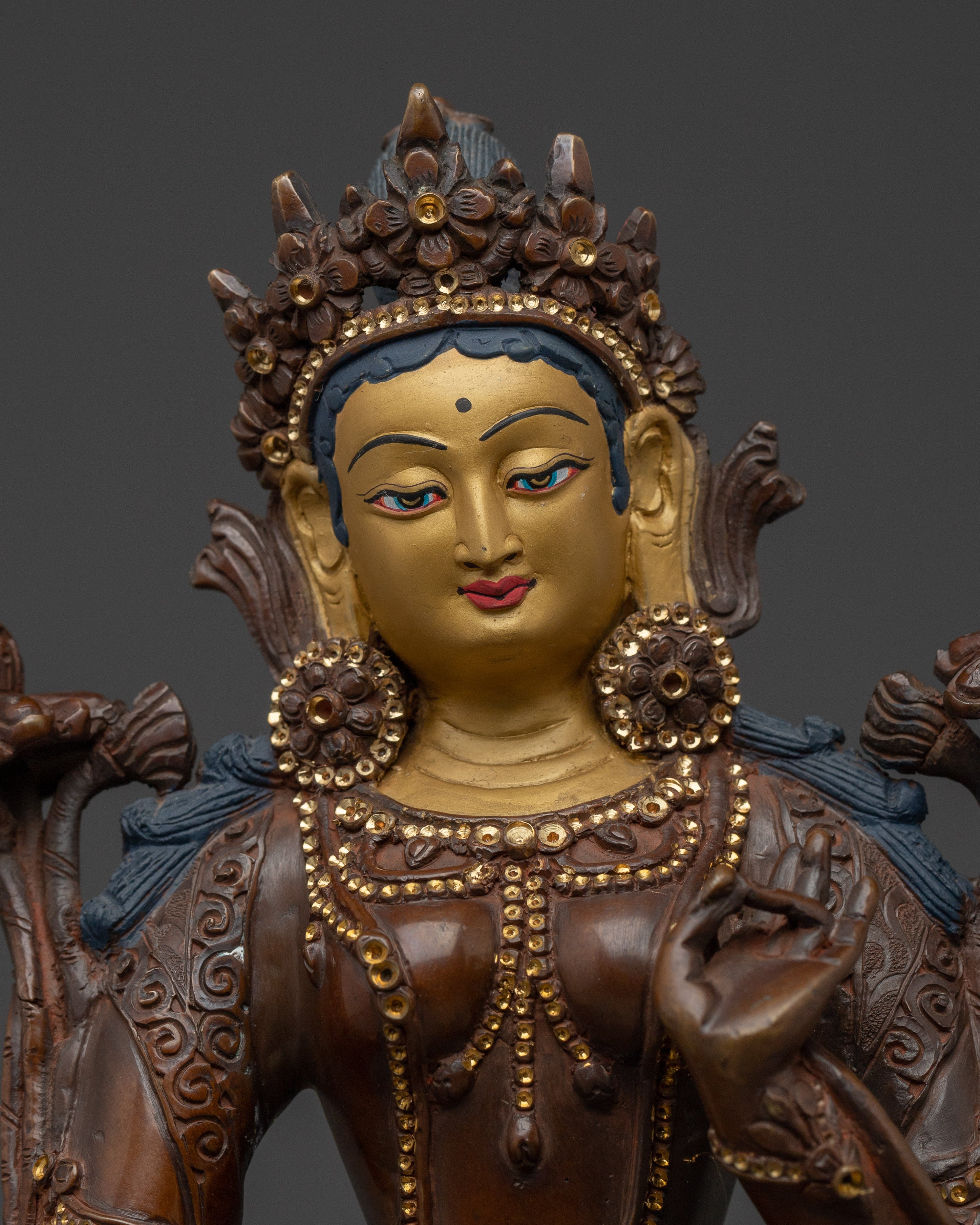 Handcrafted White Tara Copper Female Deity | Oxidized Copper with Acrylic Paint