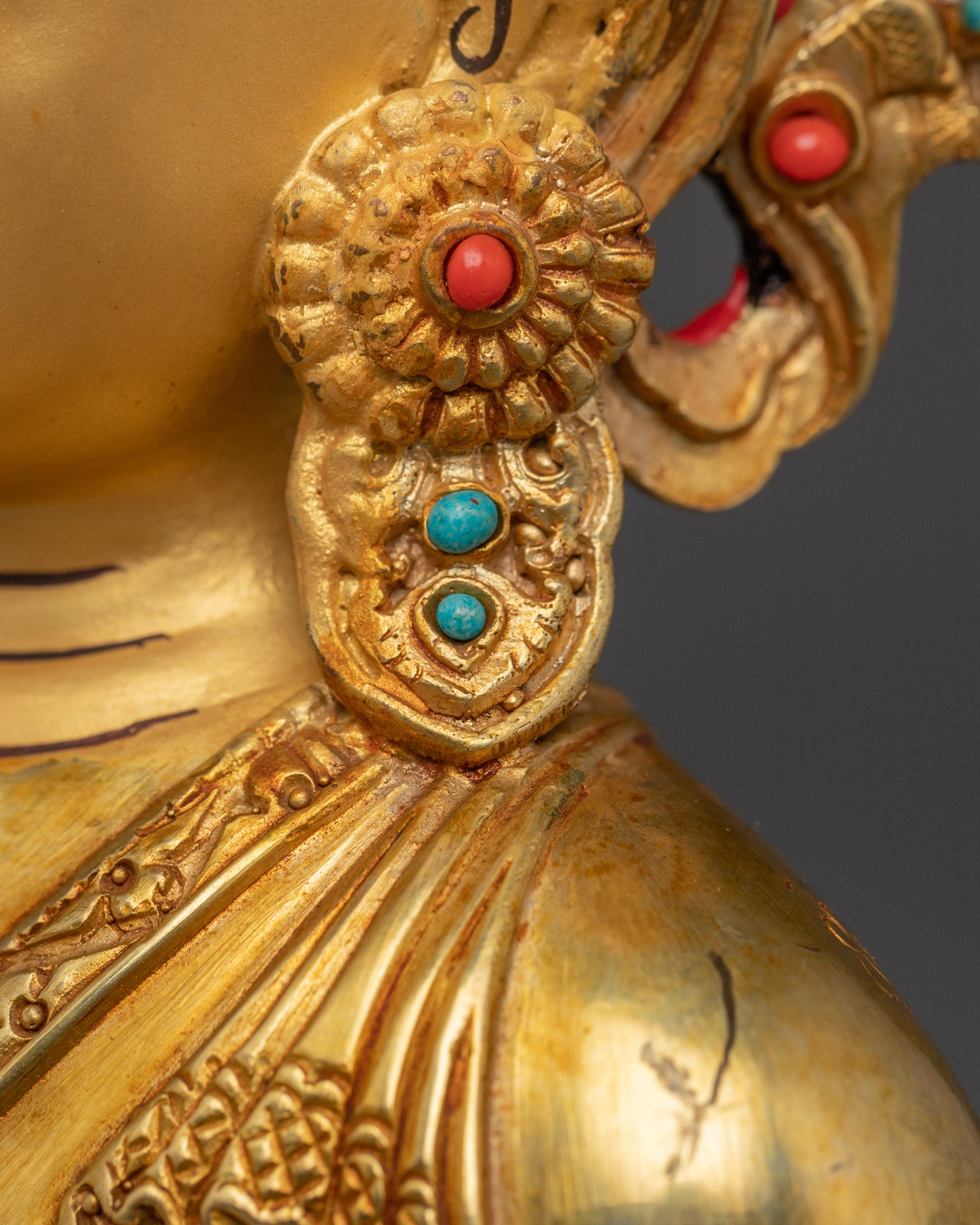 Gold Gilded Crown Shakyamuni Buddha Statue | Divine Copper Artwork with Gemstones