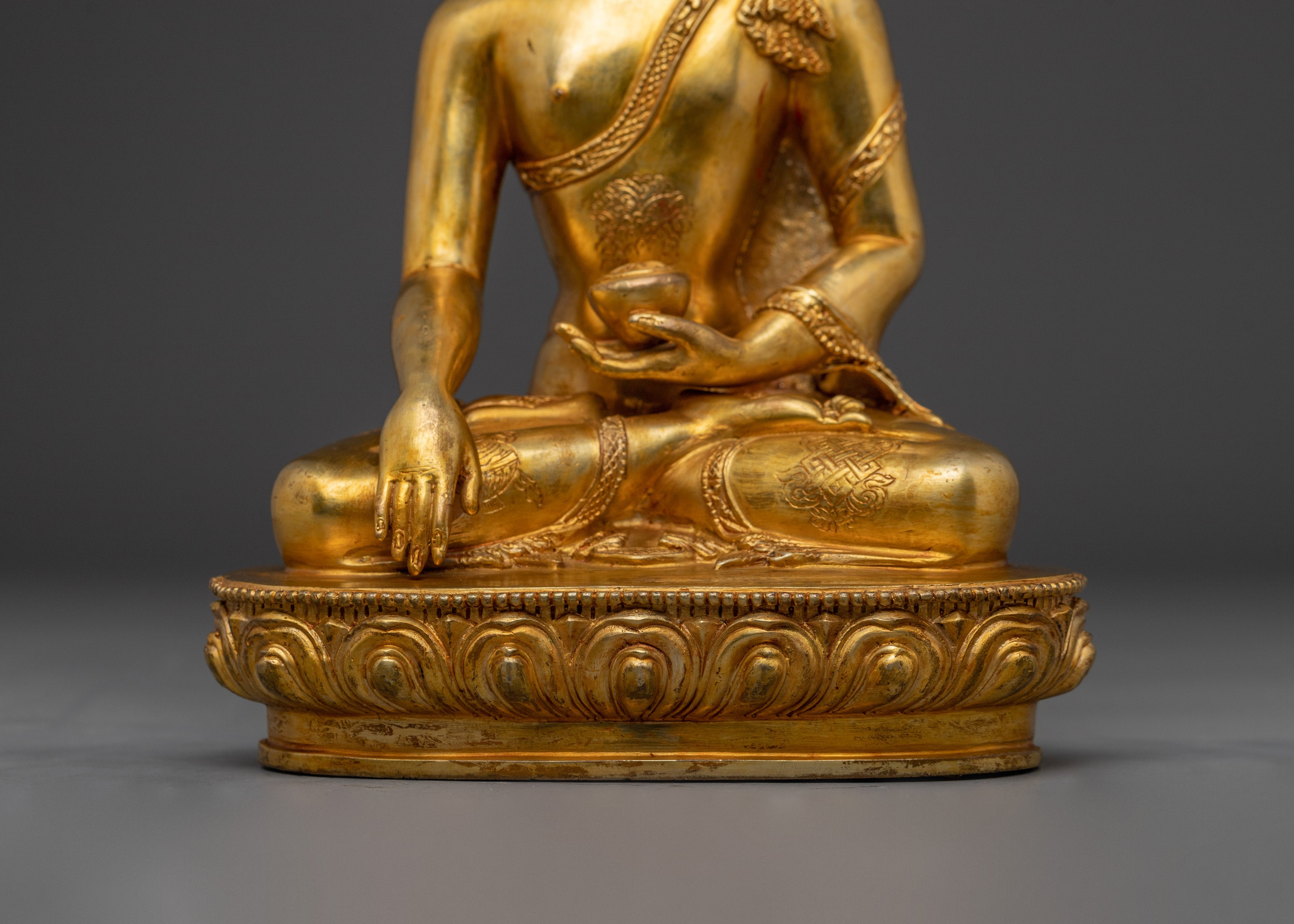 Gold Gilded Crown Shakyamuni Buddha Statue | Divine Copper Artwork with Gemstones