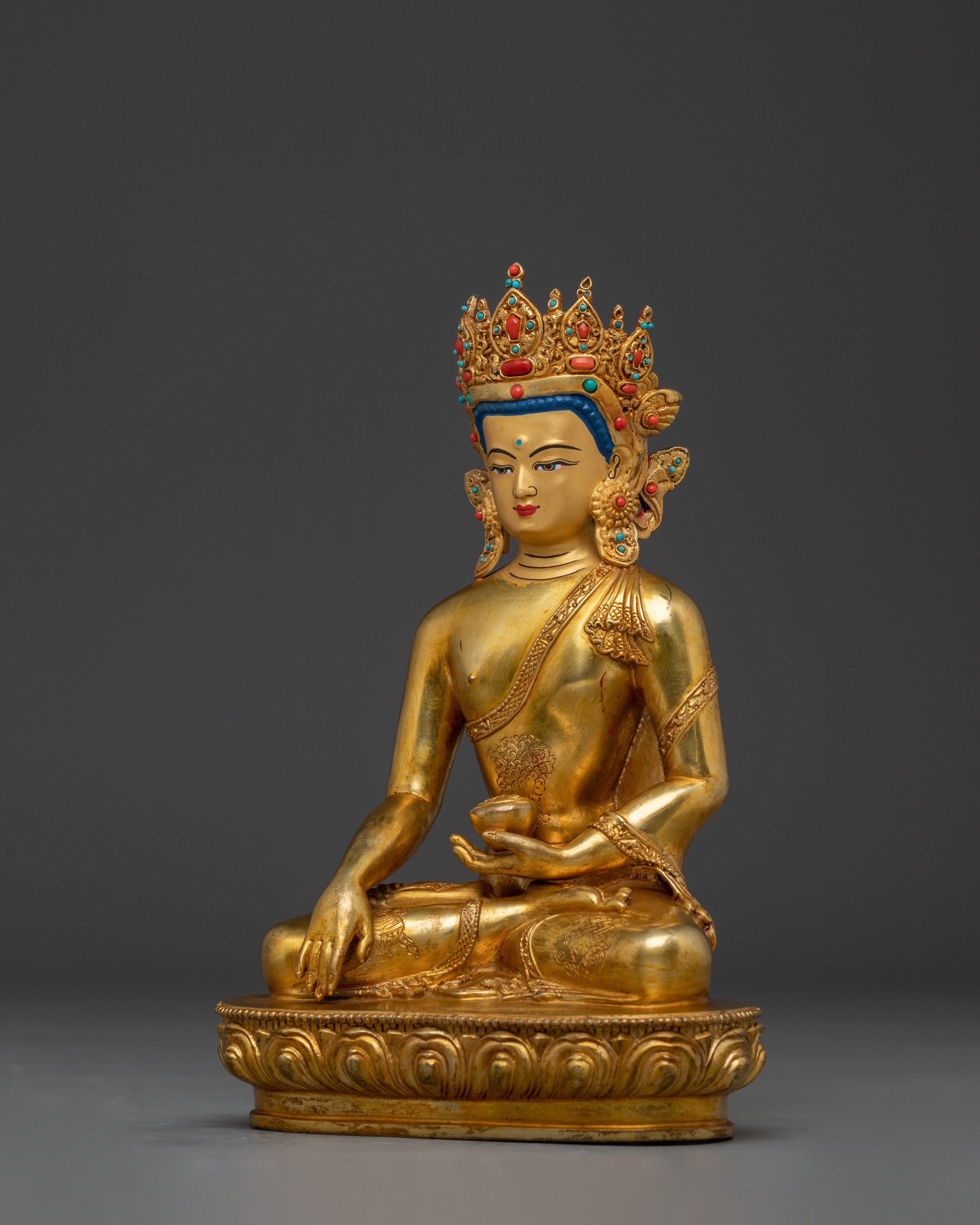 Gold Gilded Crown Shakyamuni Buddha Statue | Divine Copper Artwork with Gemstones