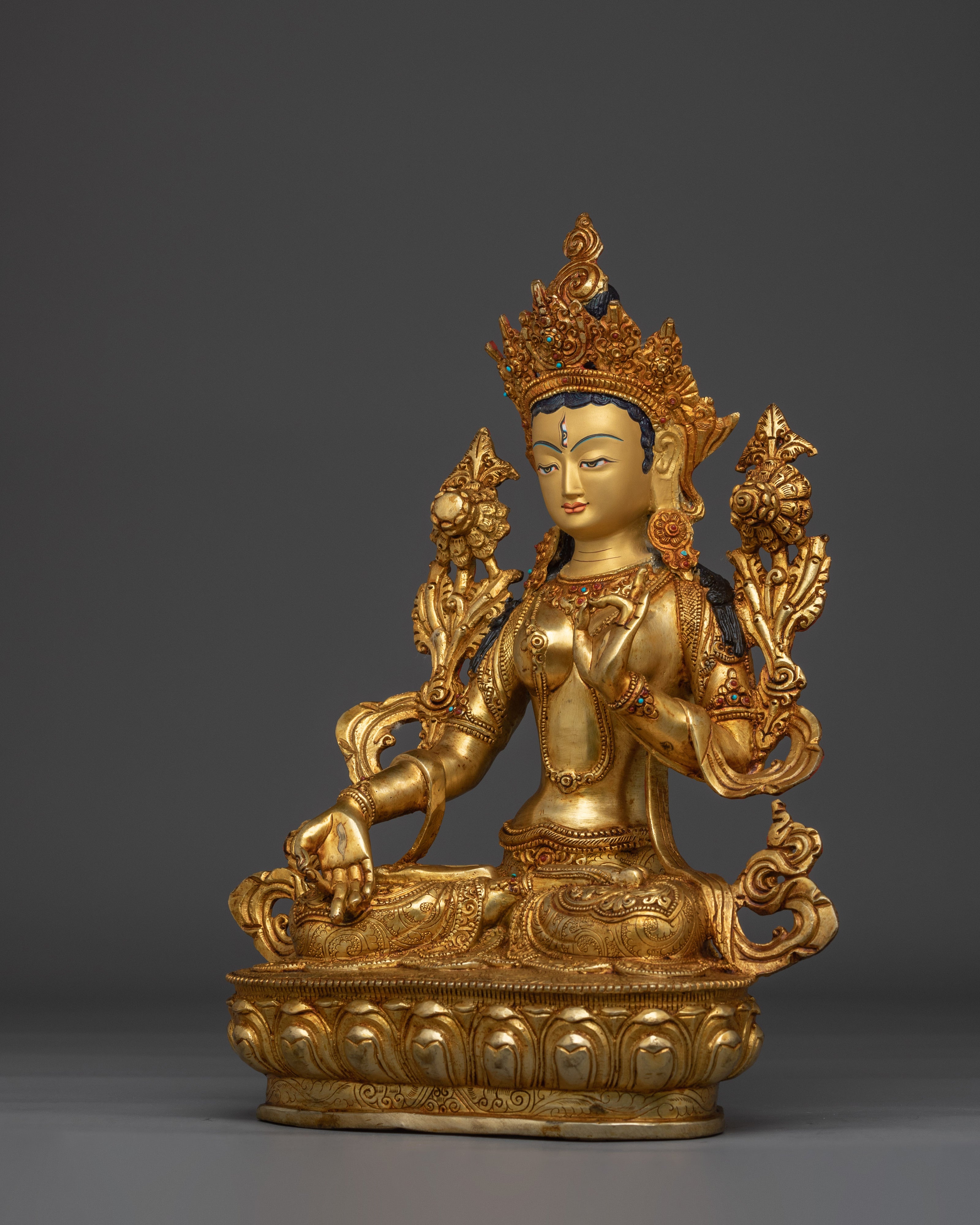 Handcrafted Sacred White Tara Statue | 24K Gold Gilded Copper Statue
