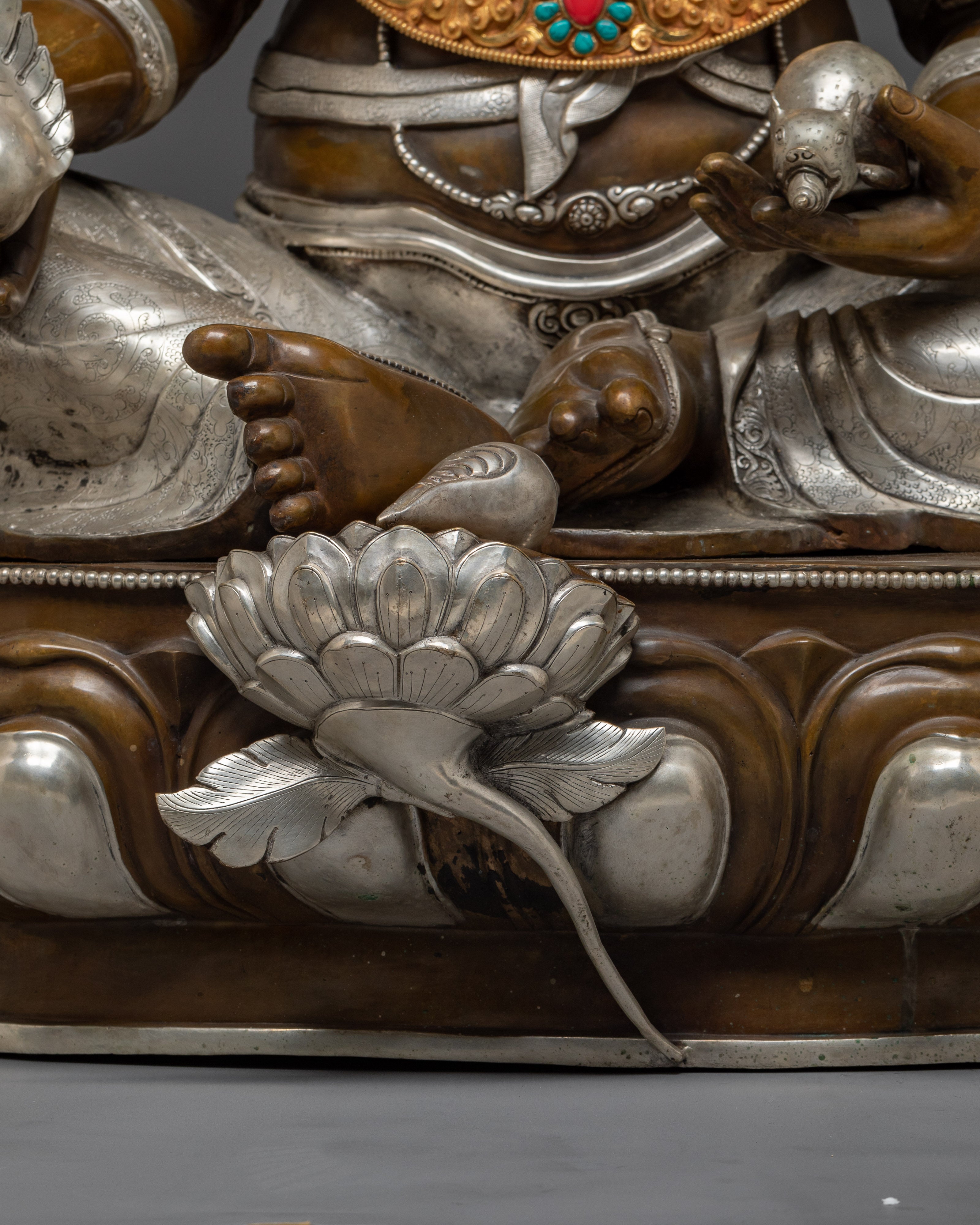 Handcrafted Dzambhala Statue in Oxidized Copper | Silver-Plated Buddhist Wealth Deity