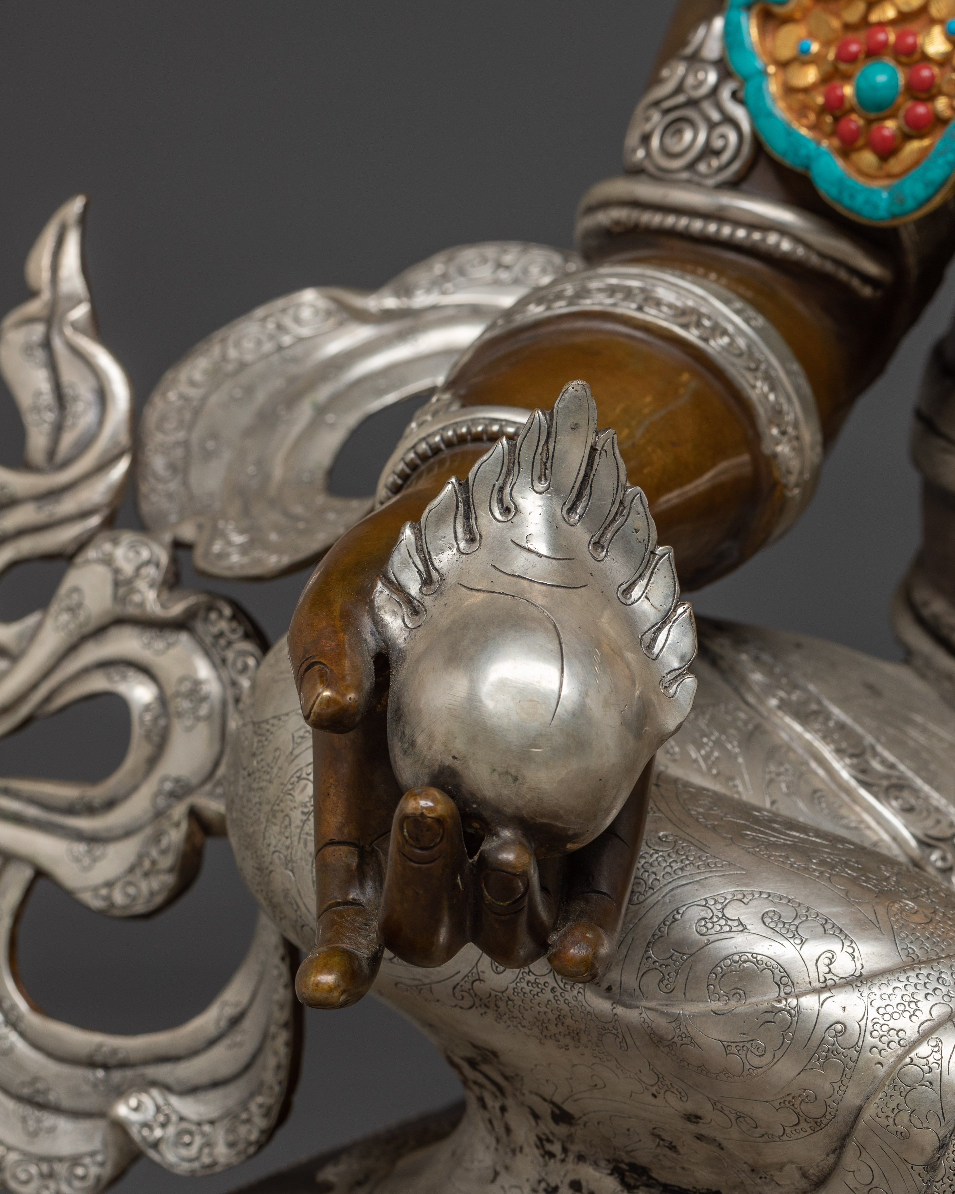 Handcrafted Dzambhala Statue in Oxidized Copper | Silver-Plated Buddhist Wealth Deity