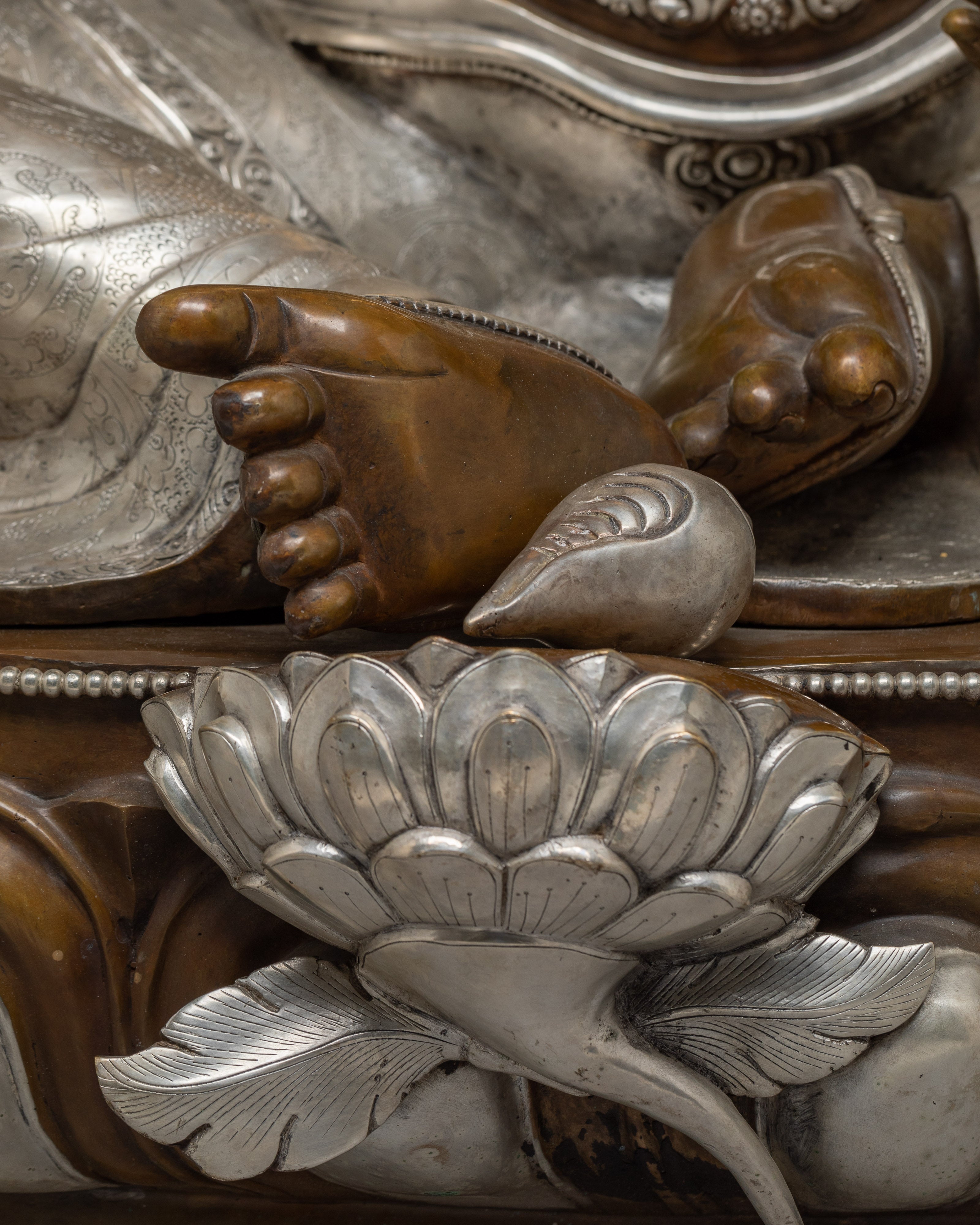 Handcrafted Dzambhala Statue in Oxidized Copper | Silver-Plated Buddhist Wealth Deity