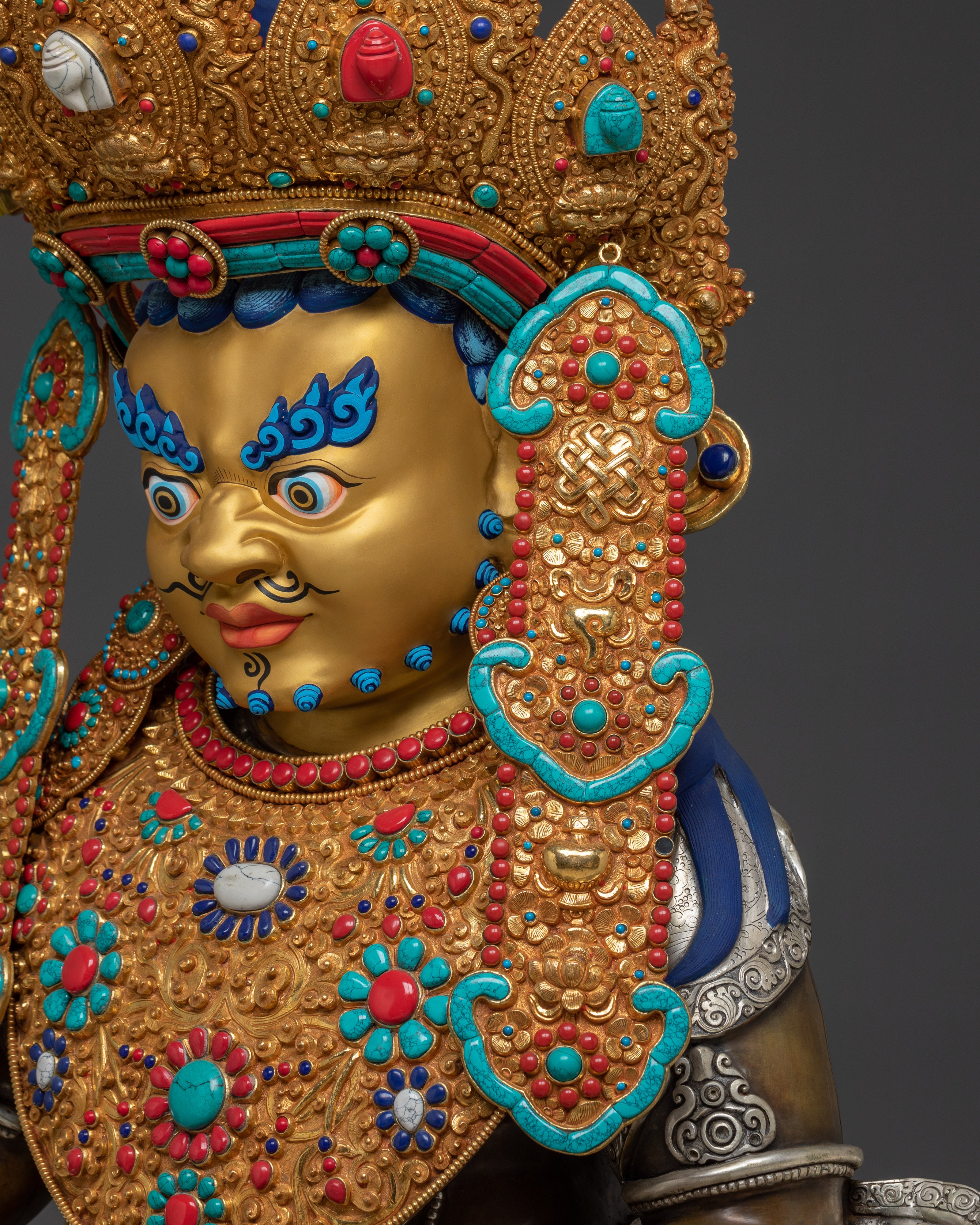 Handcrafted Dzambhala Statue in Oxidized Copper | Silver-Plated Buddhist Wealth Deity