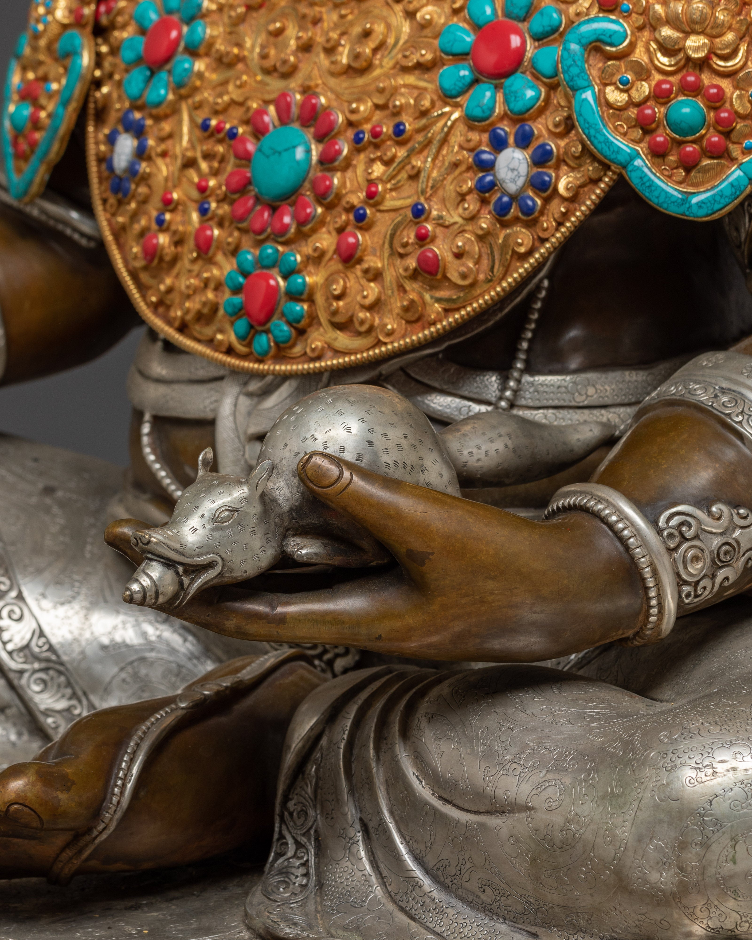 Handcrafted Dzambhala Statue in Oxidized Copper | Silver-Plated Buddhist Wealth Deity
