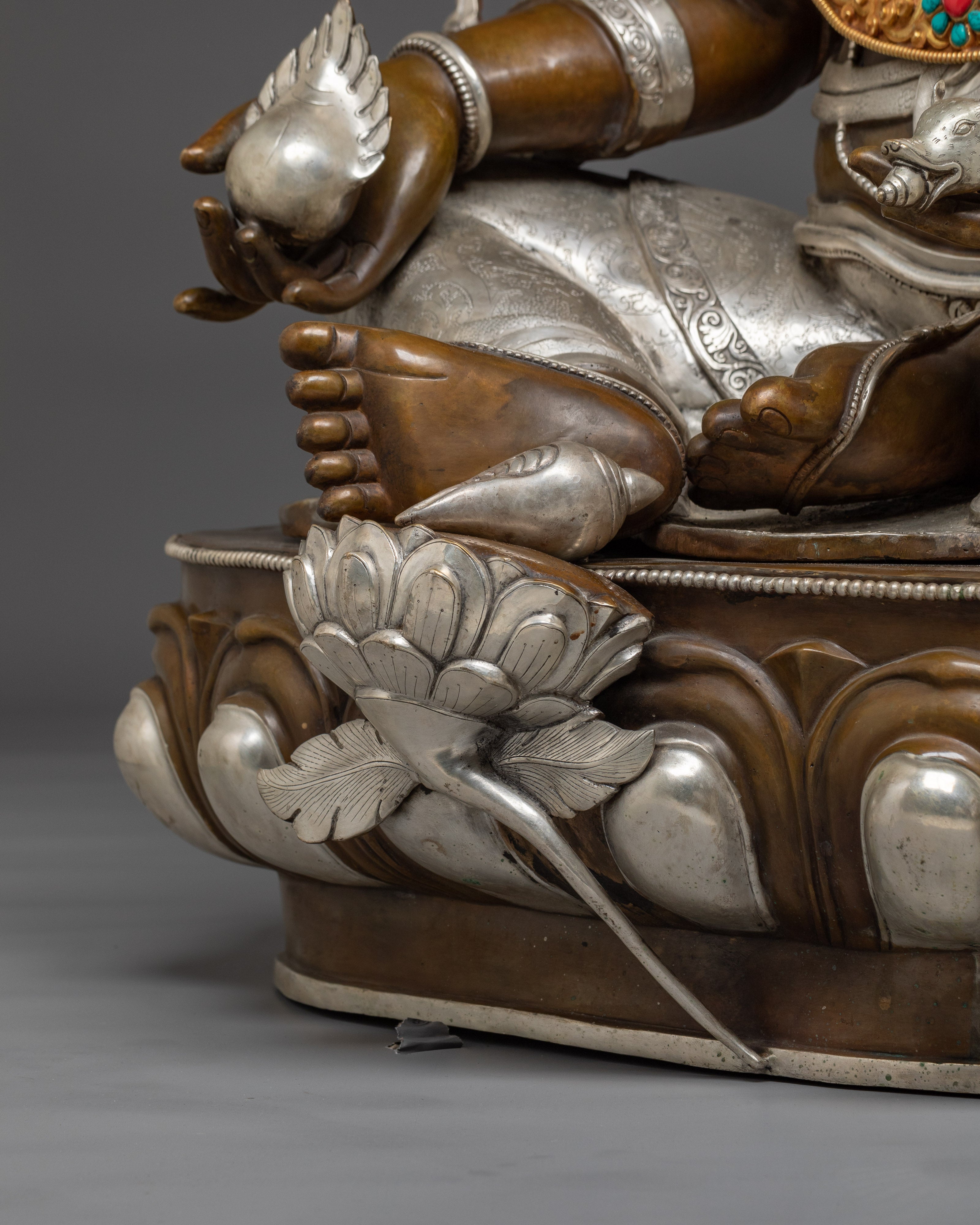 Handcrafted Dzambhala Statue in Oxidized Copper | Silver-Plated Buddhist Wealth Deity