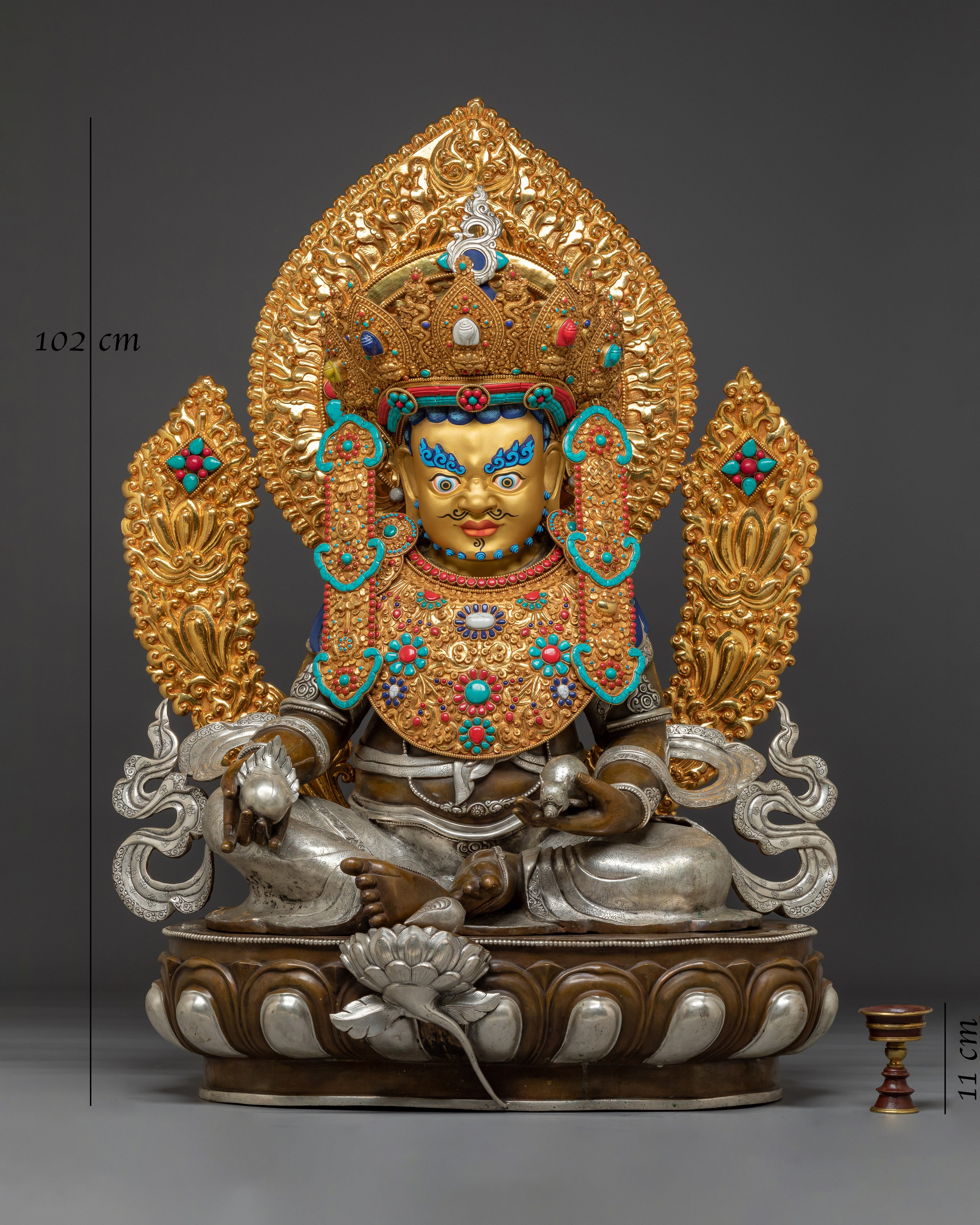 Handcrafted Dzambhala Statue in Oxidized Copper | Silver-Plated Buddhist Wealth Deity