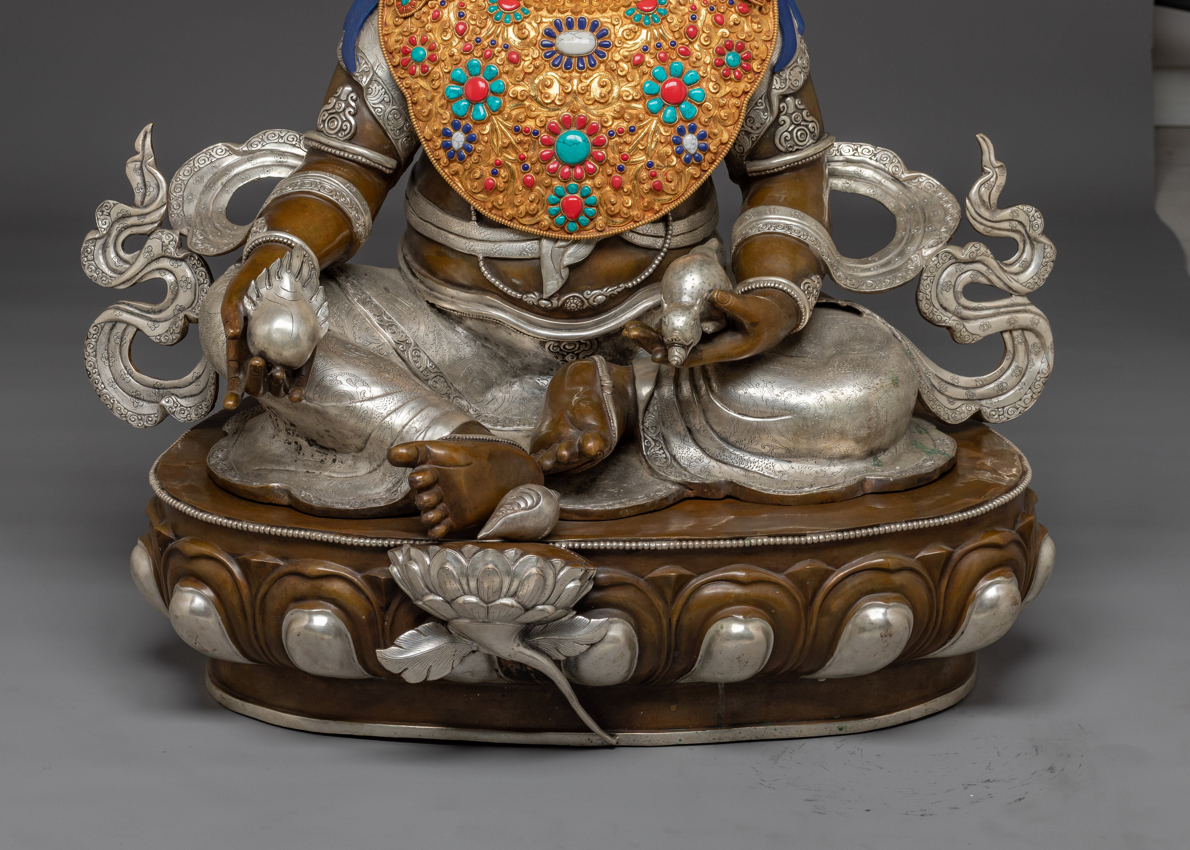 Handcrafted Dzambhala Statue in Oxidized Copper | Silver-Plated Buddhist Wealth Deity