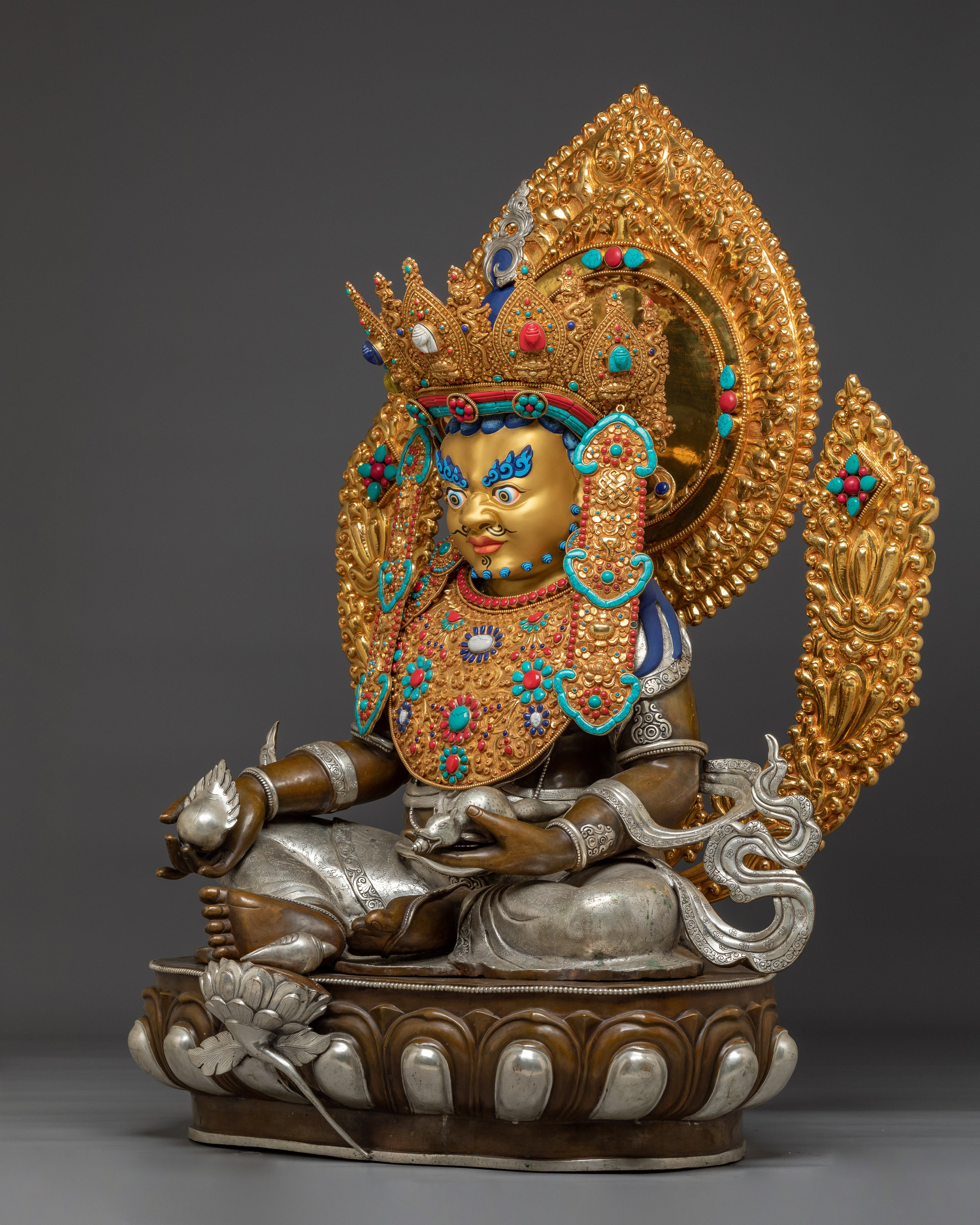 Handcrafted Dzambhala Statue in Oxidized Copper | Silver-Plated Buddhist Wealth Deity