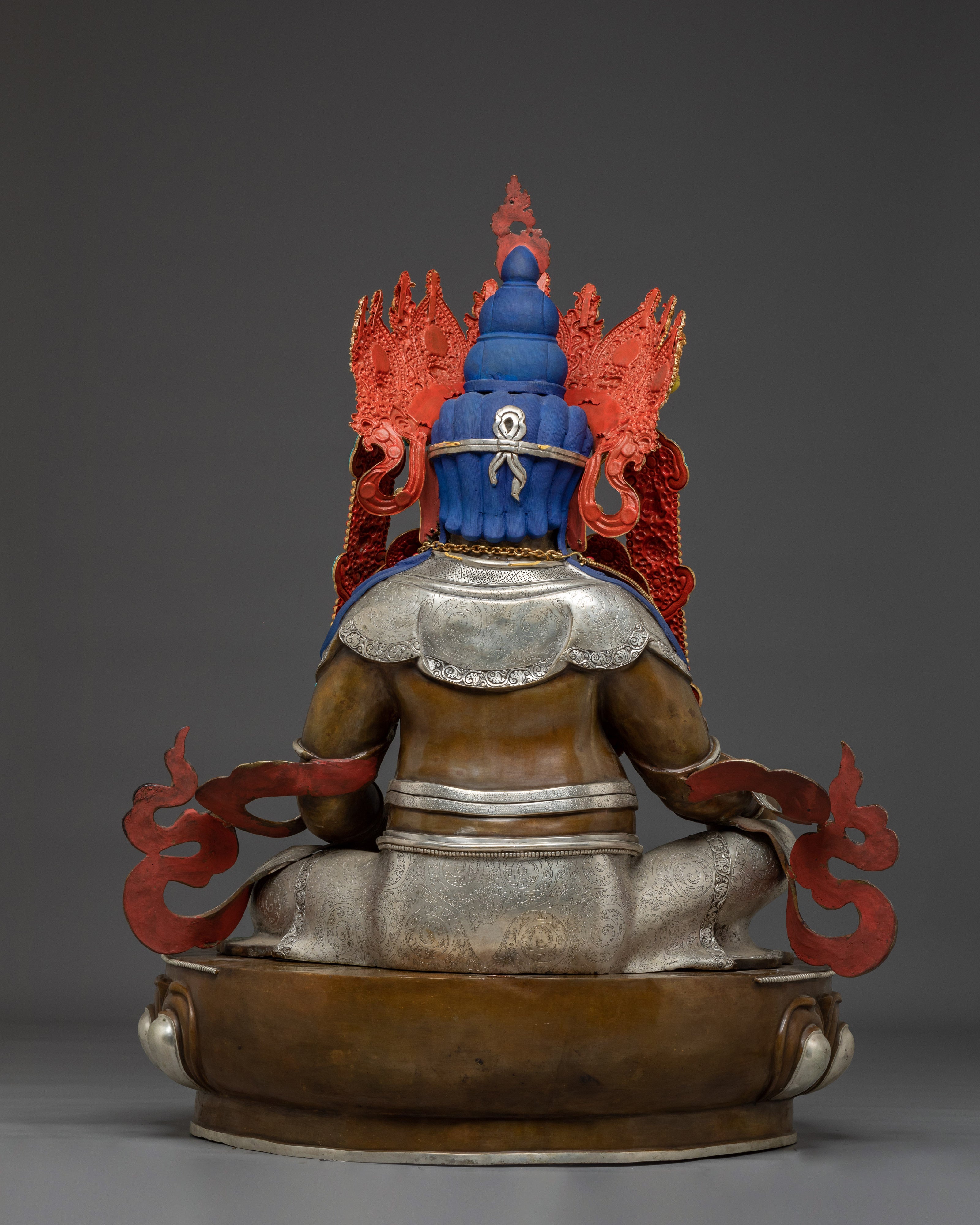 Handcrafted Dzambhala Statue in Oxidized Copper | Silver-Plated Buddhist Wealth Deity