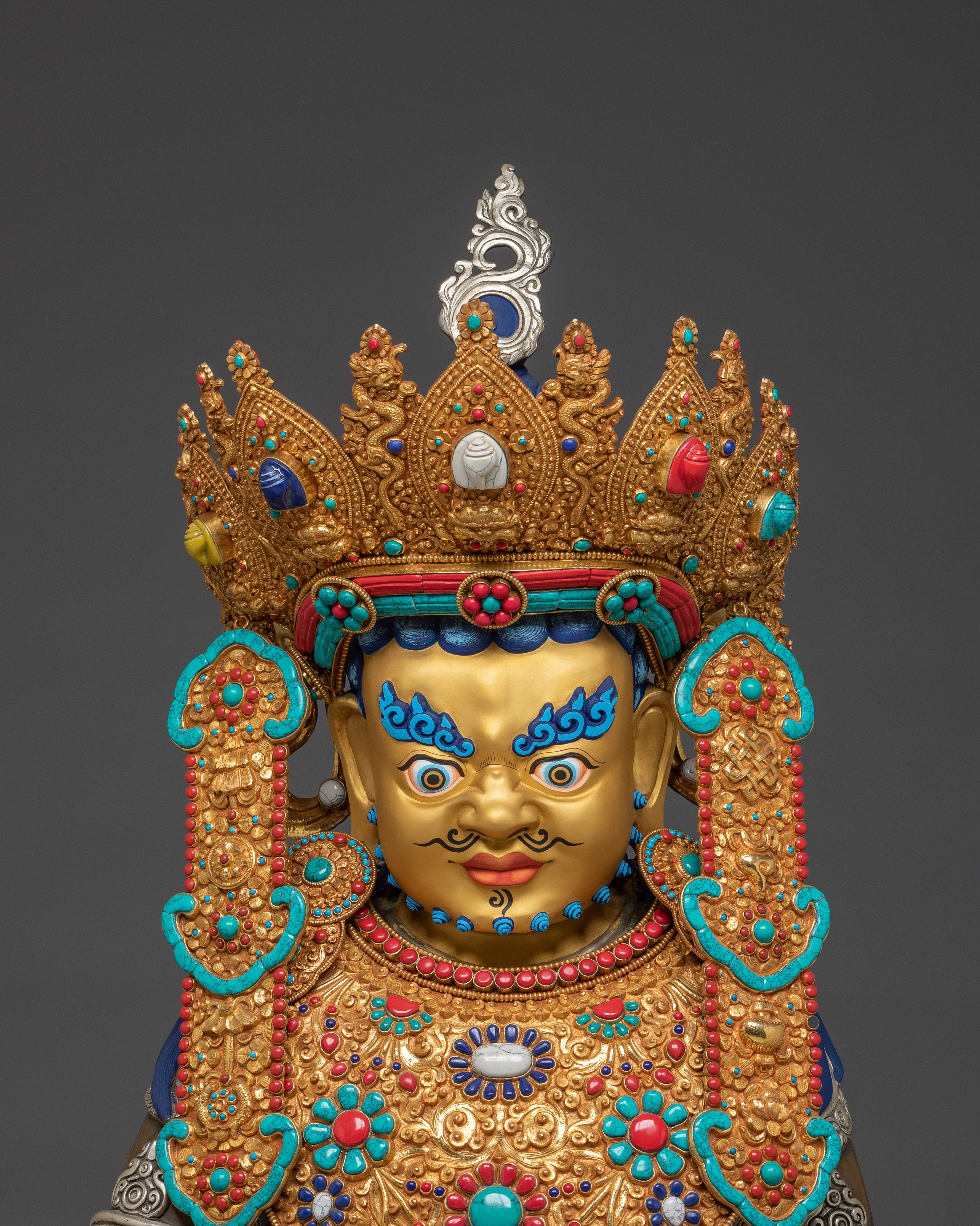 Handcrafted Dzambhala Statue in Oxidized Copper | Silver-Plated Buddhist Wealth Deity