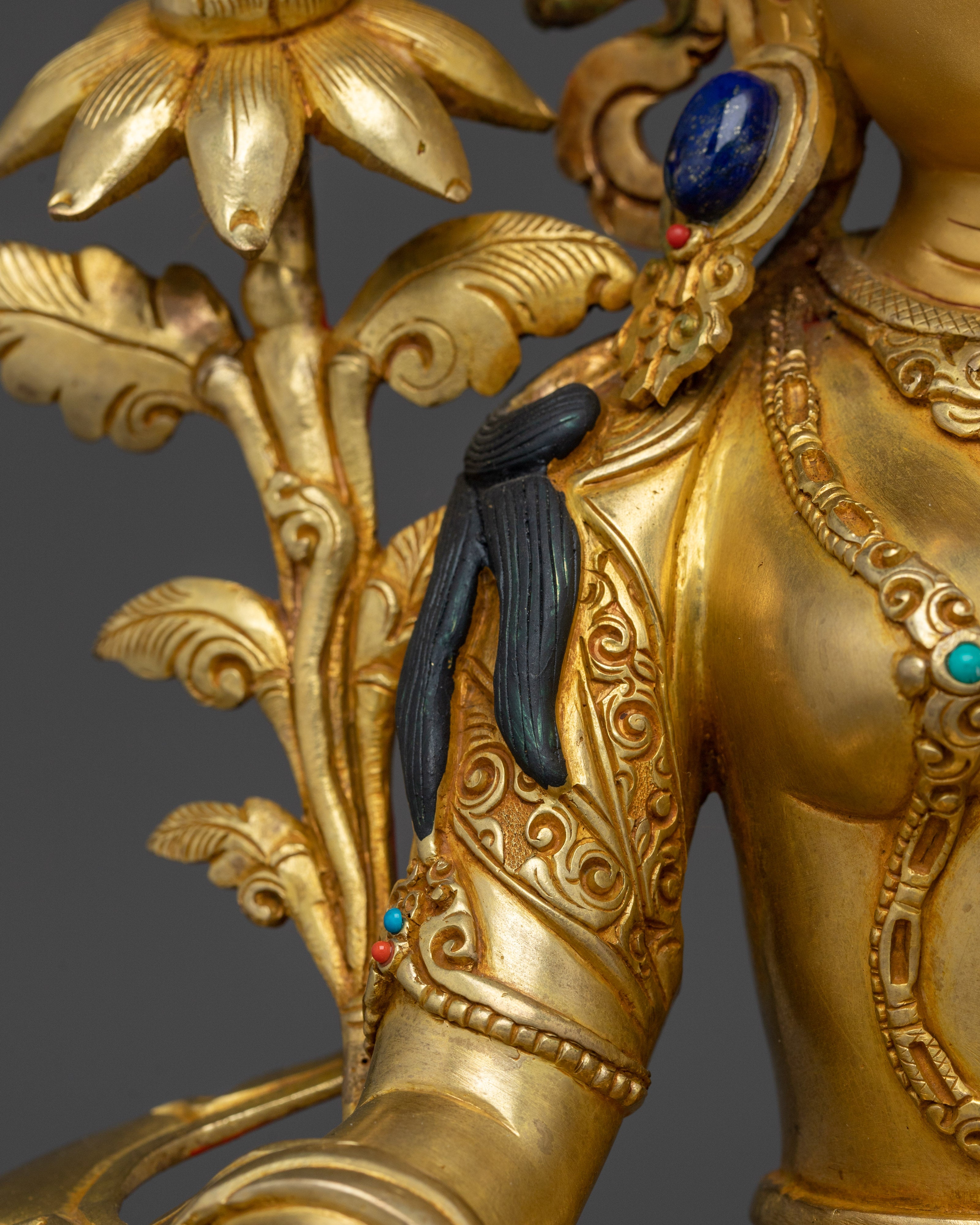 Sacred Green Tara Goddess Sculpture | 24K Gold Gilded Copper with Acrylic Detailing