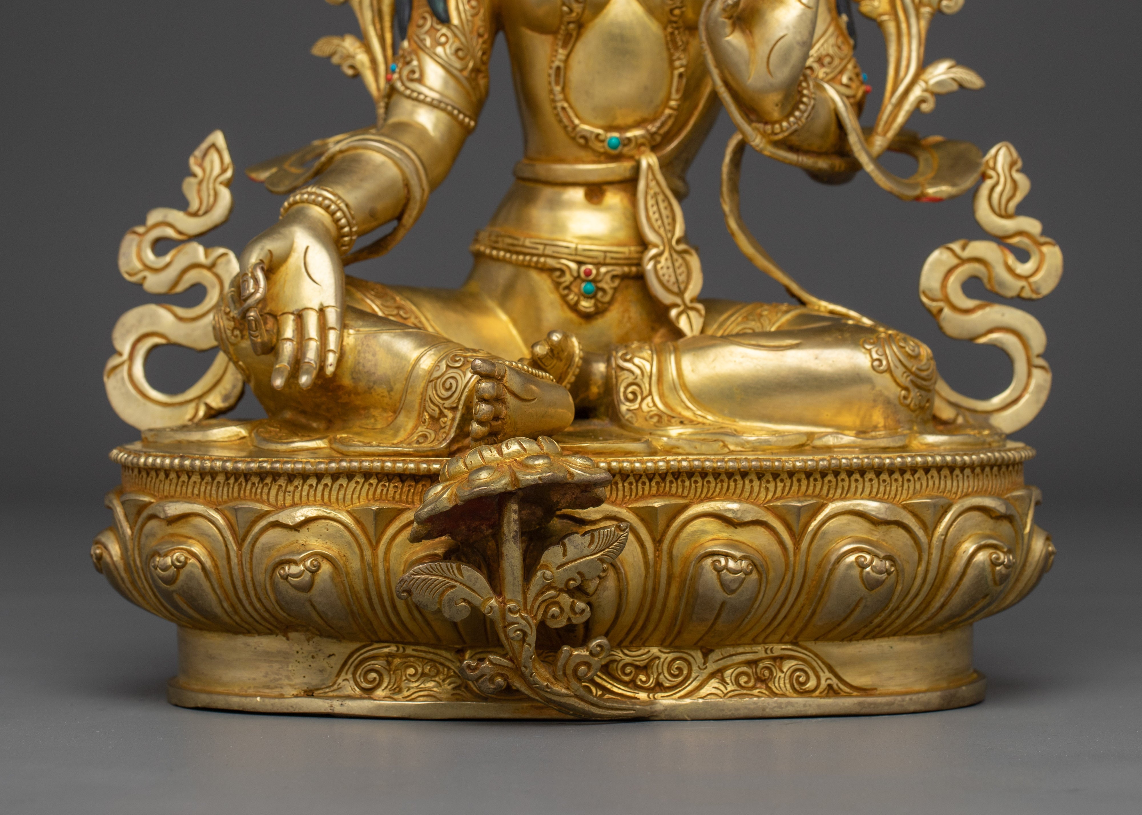 Sacred Green Tara Goddess Sculpture | 24K Gold Gilded Copper with Acrylic Detailing