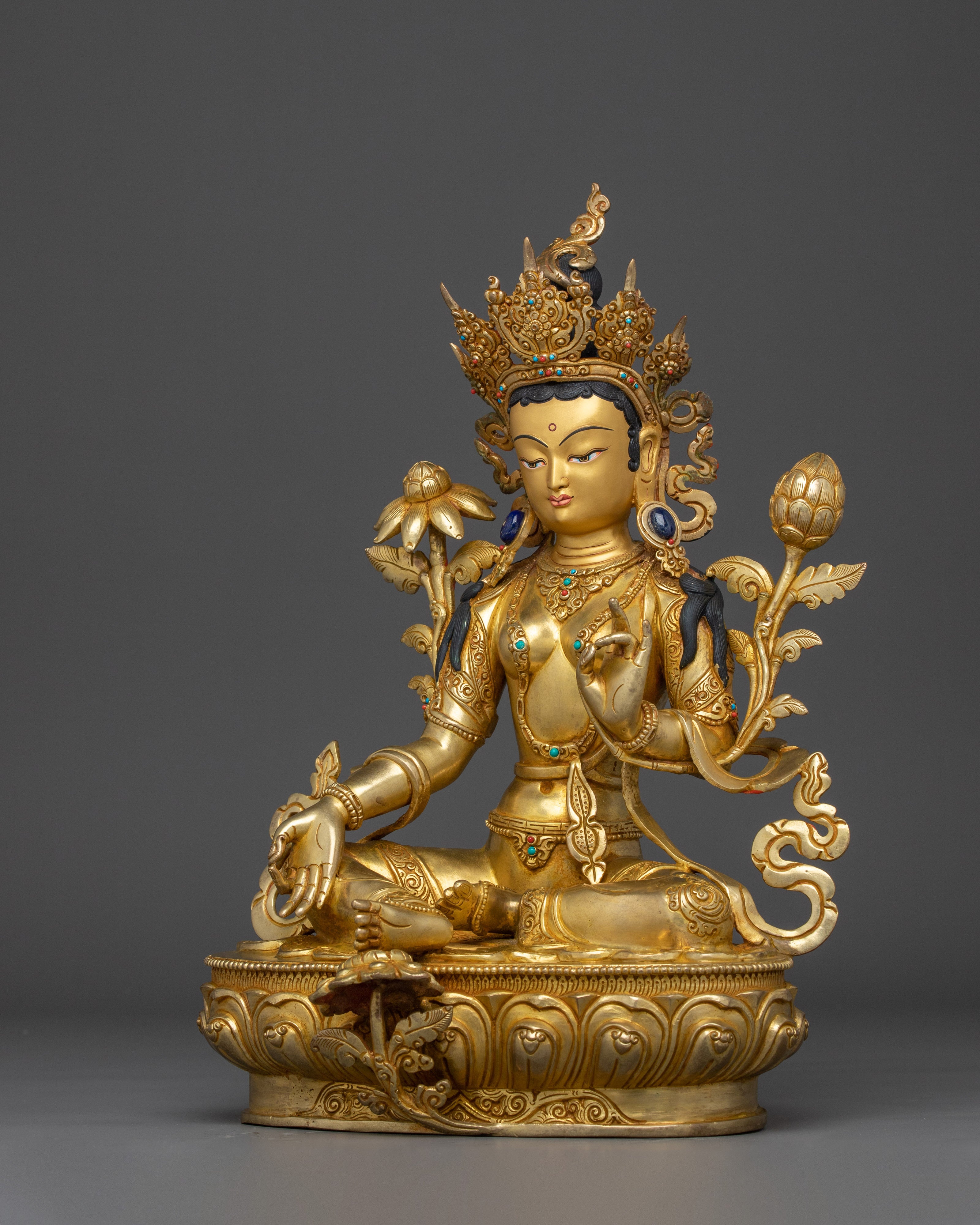Sacred Green Tara Goddess Sculpture | 24K Gold Gilded Copper with Acrylic Detailing
