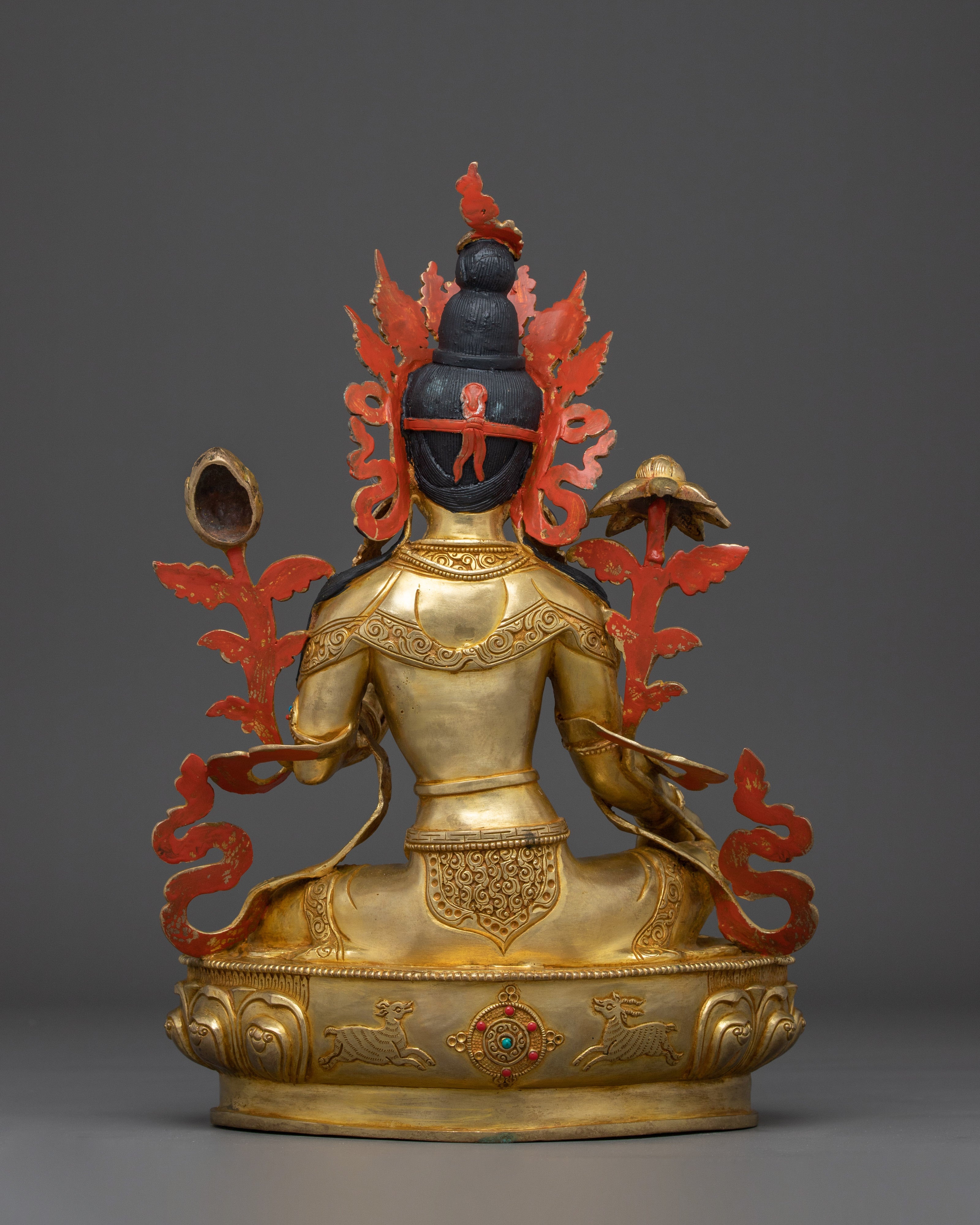 Sacred Green Tara Goddess Sculpture | 24K Gold Gilded Copper with Acrylic Detailing