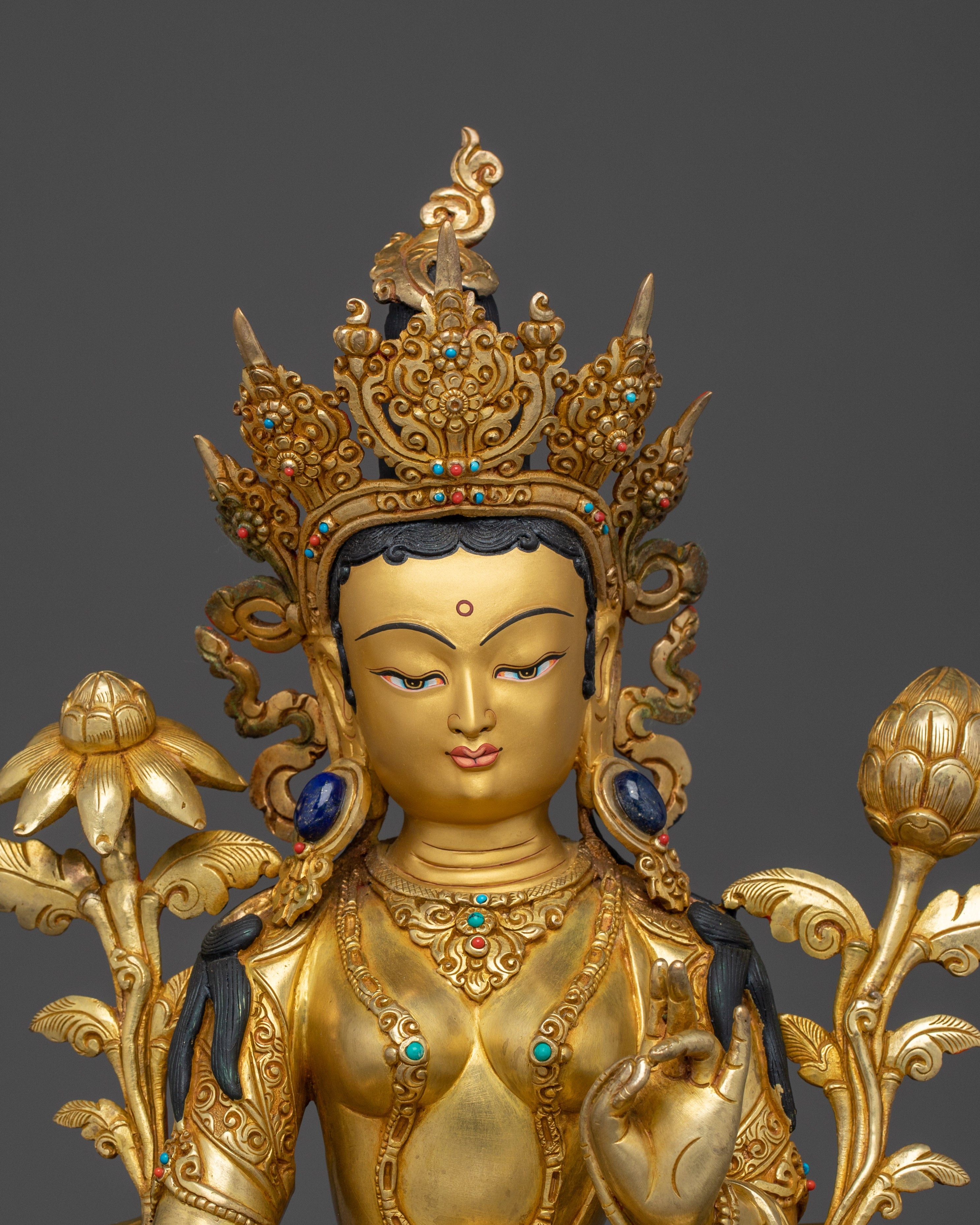 Sacred Green Tara Goddess Sculpture | 24K Gold Gilded Copper with Acrylic Detailing