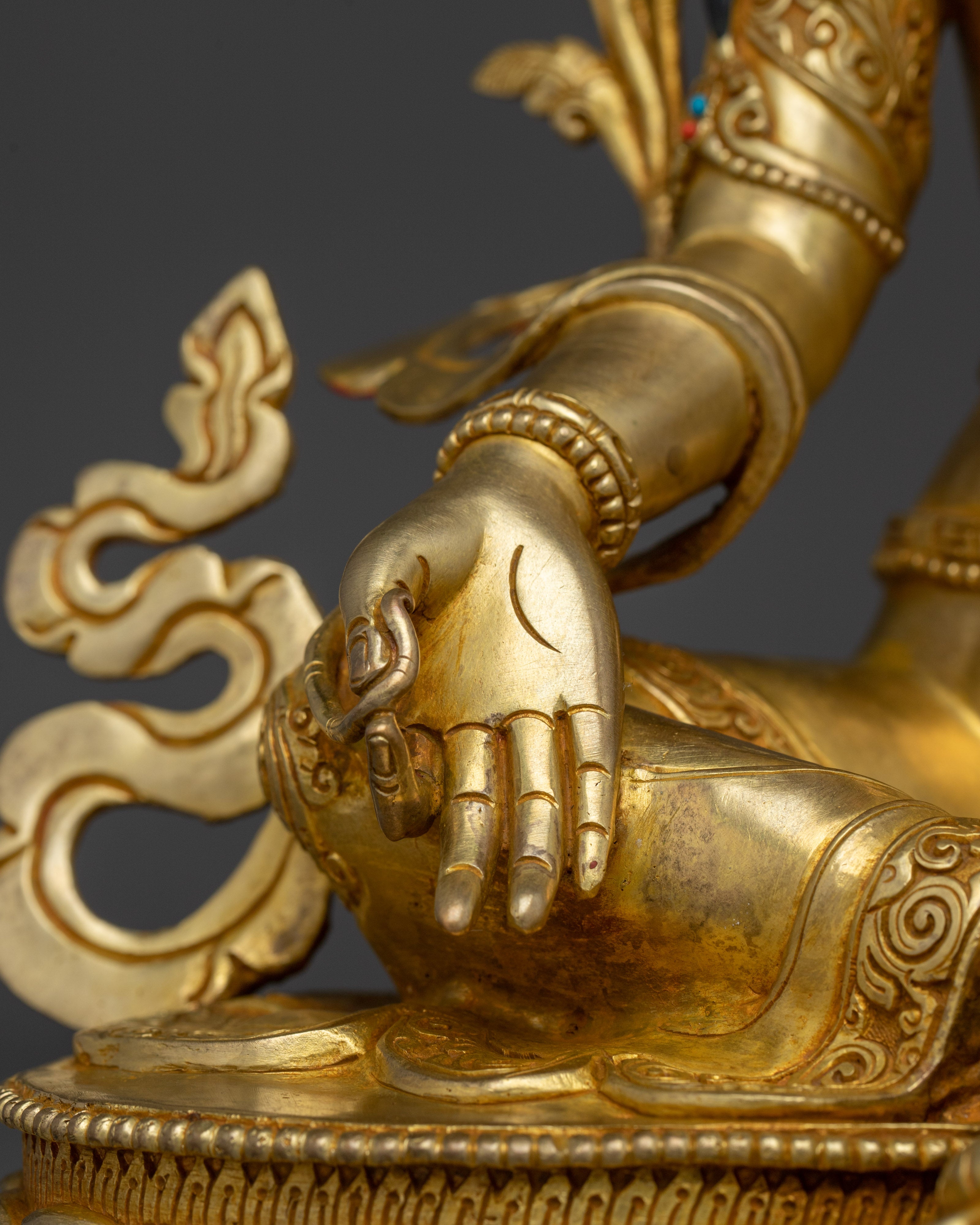 Sacred Green Tara Goddess Sculpture | 24K Gold Gilded Copper with Acrylic Detailing