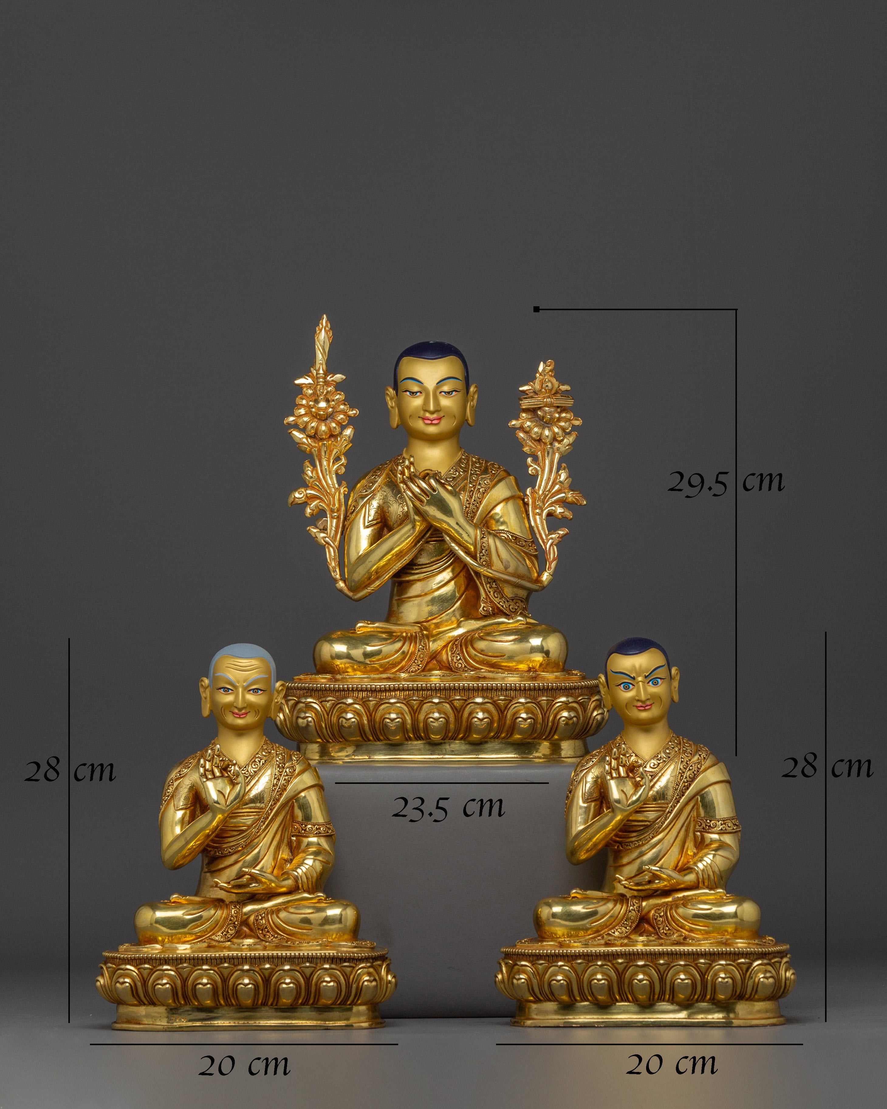 Gold Gilded Copper Statues of Tsongkhapa, Je Gyaltsab, and Je Khedrup | Perfect for your Altar