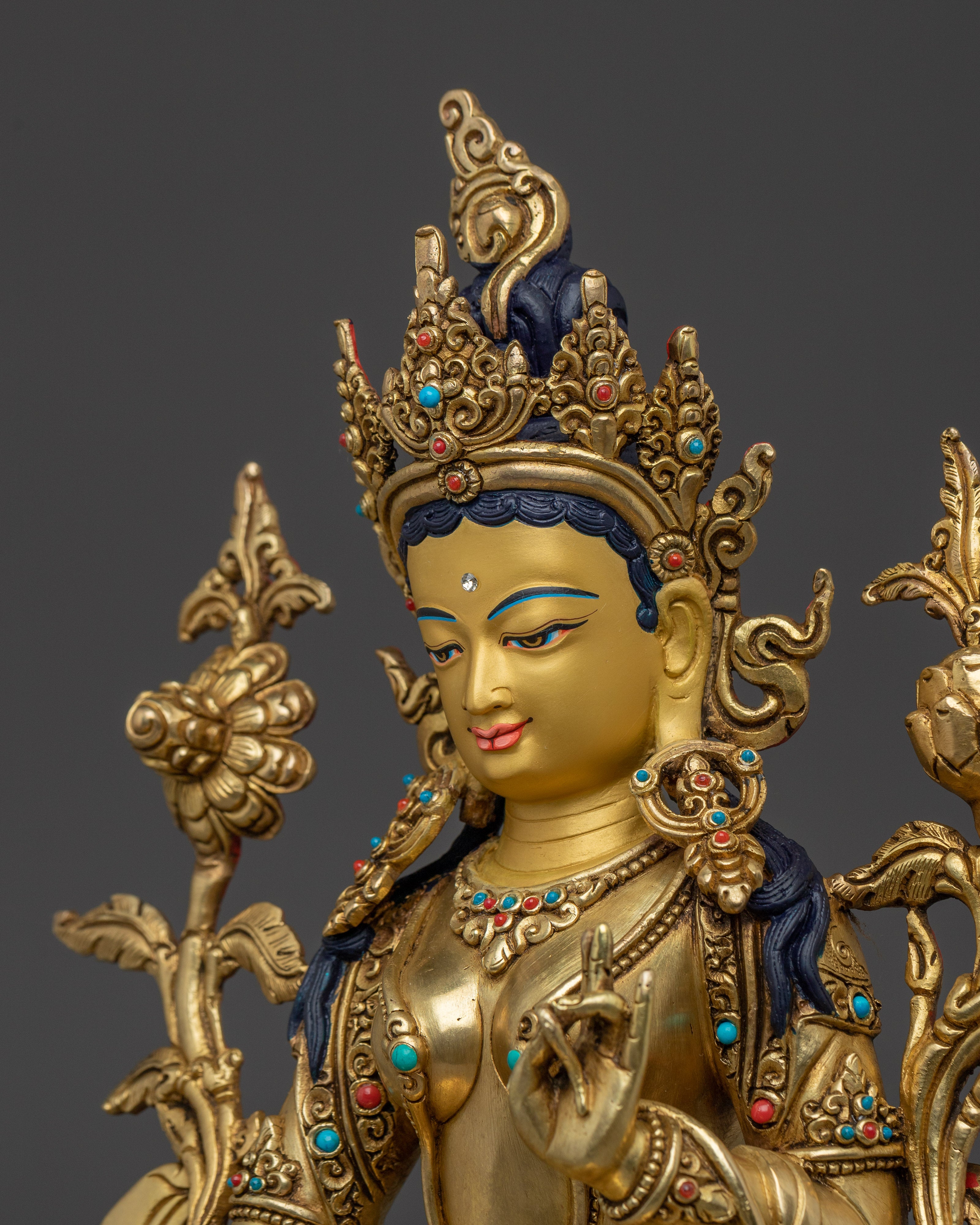 Handcrafted Green Tara Gold & Acrylic Detailing Statue | Goddess of Compassion and Protection