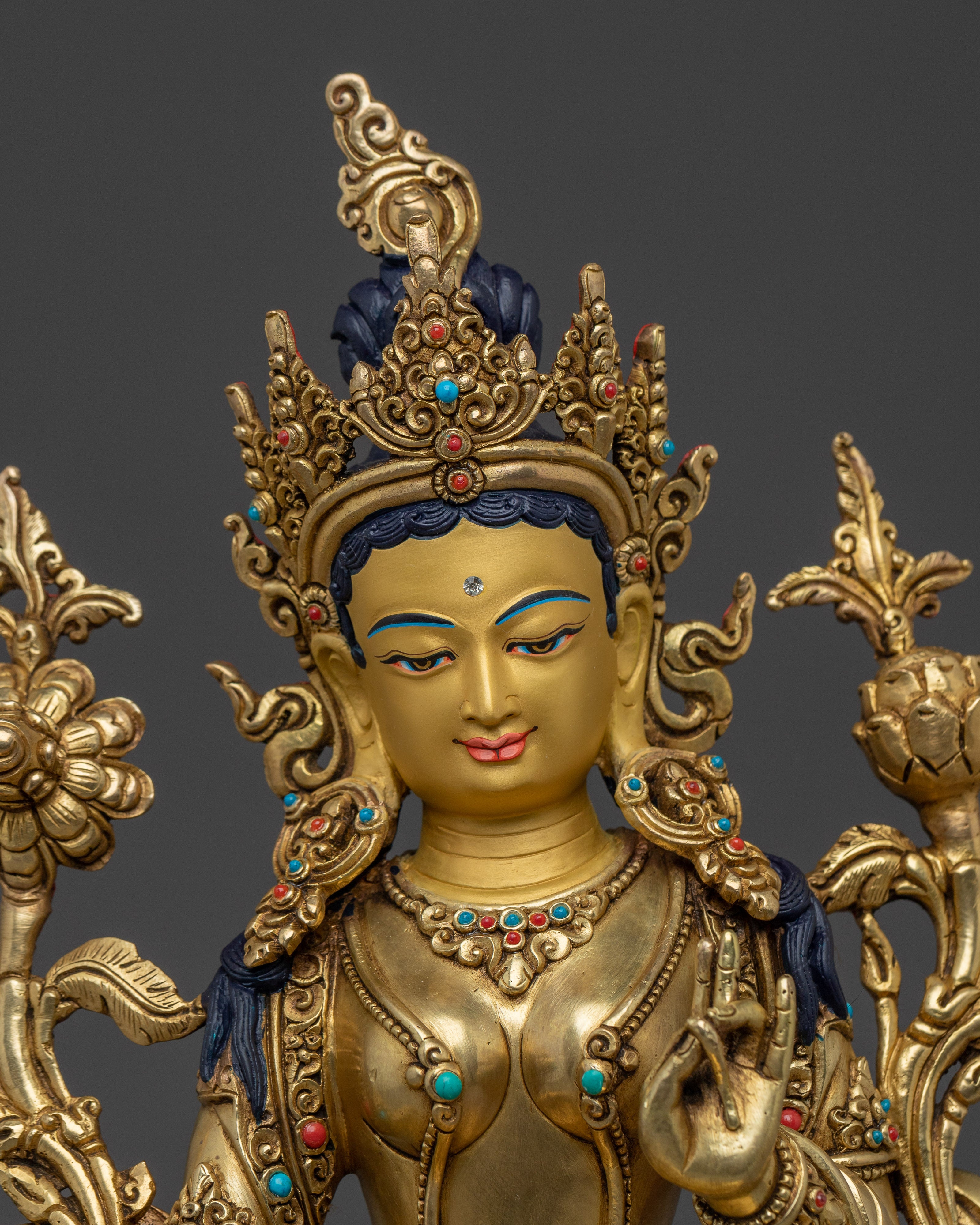 Handcrafted Green Tara Gold & Acrylic Detailing Statue | Goddess of Compassion and Protection