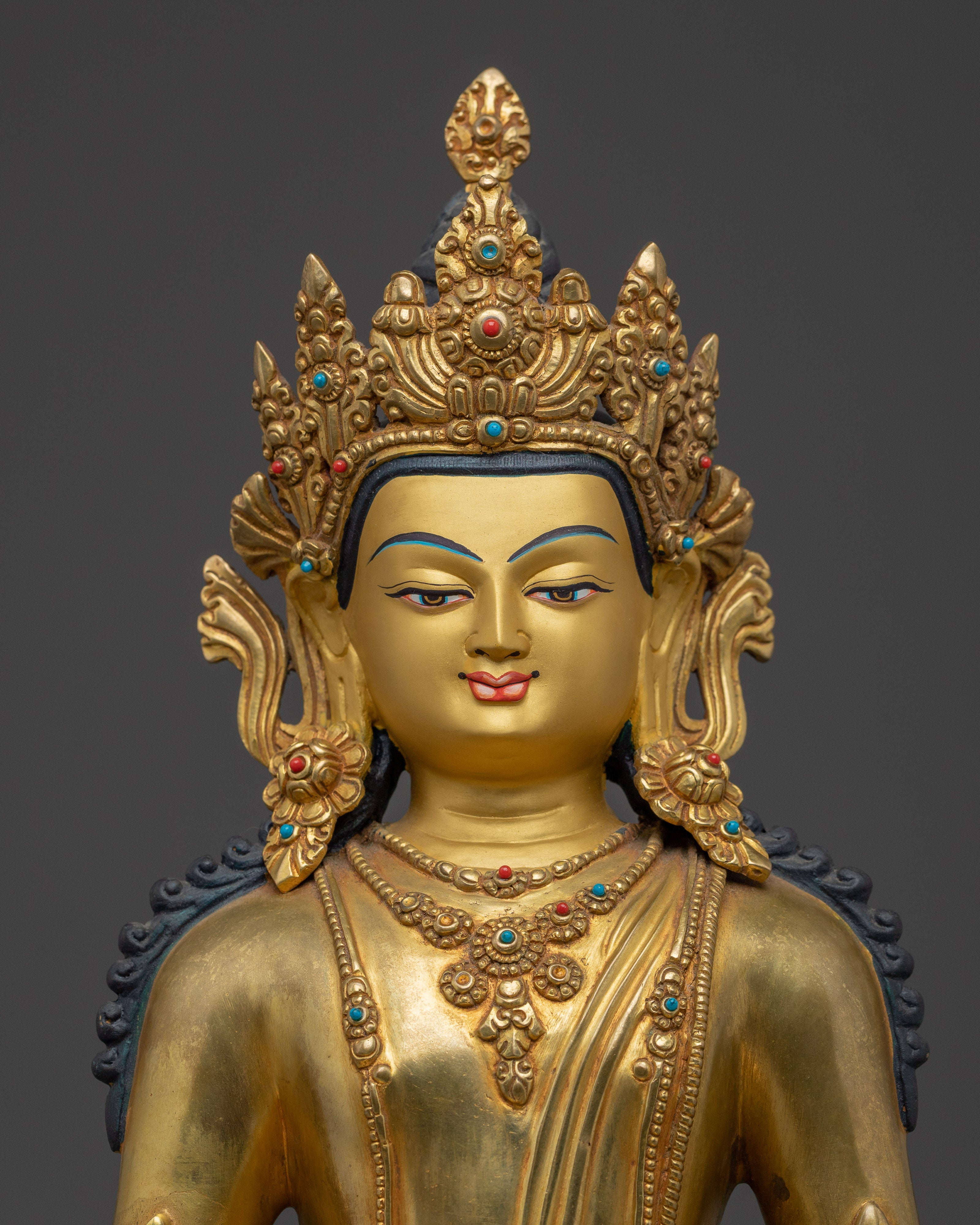 Tibetan Gold Gilded Crown Amitabha Buddha Statue | Peace & Wisdom Decor