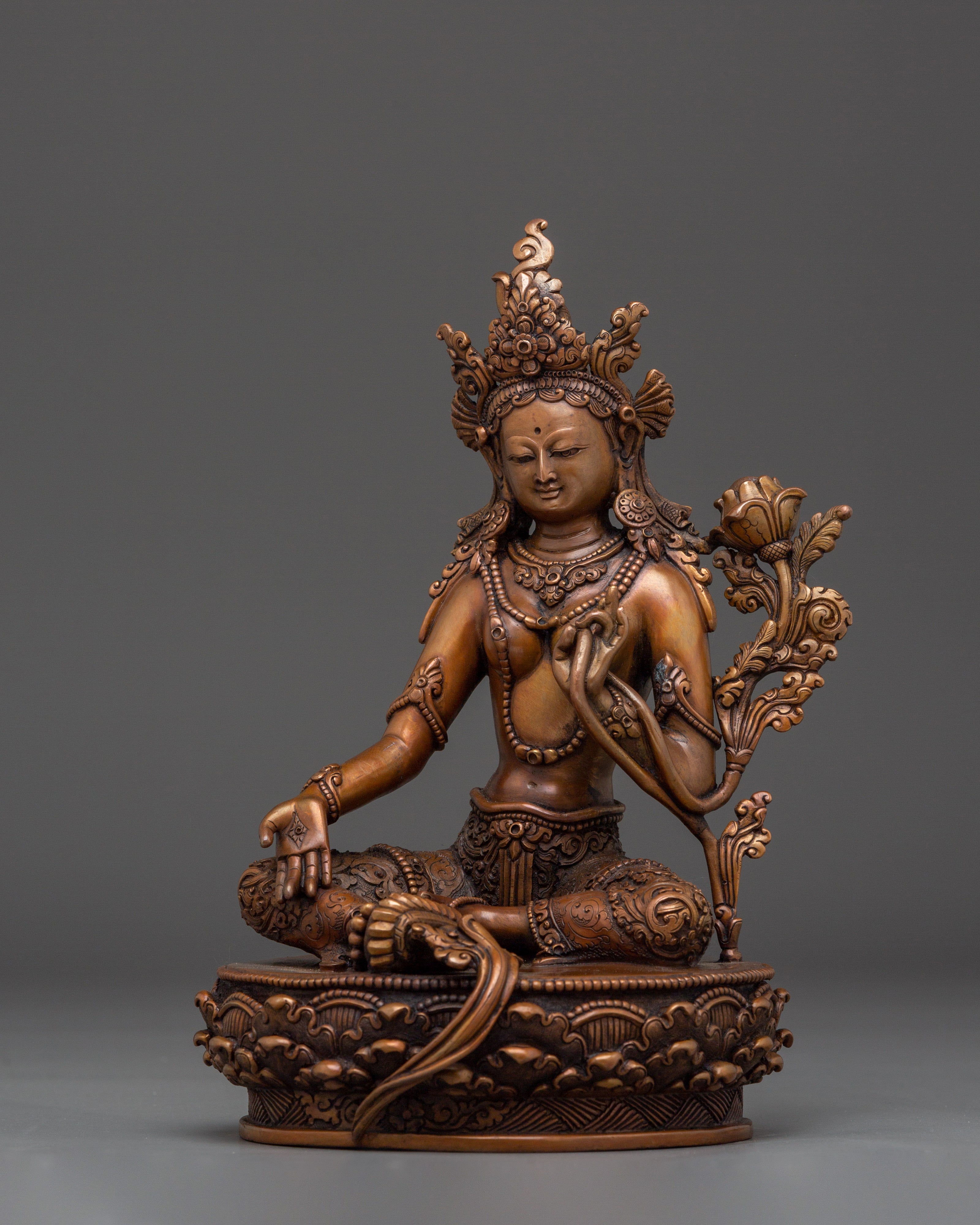 Handcrafted Oxidized Copper Green Tara Statue | Embodies Compassion and Protection
