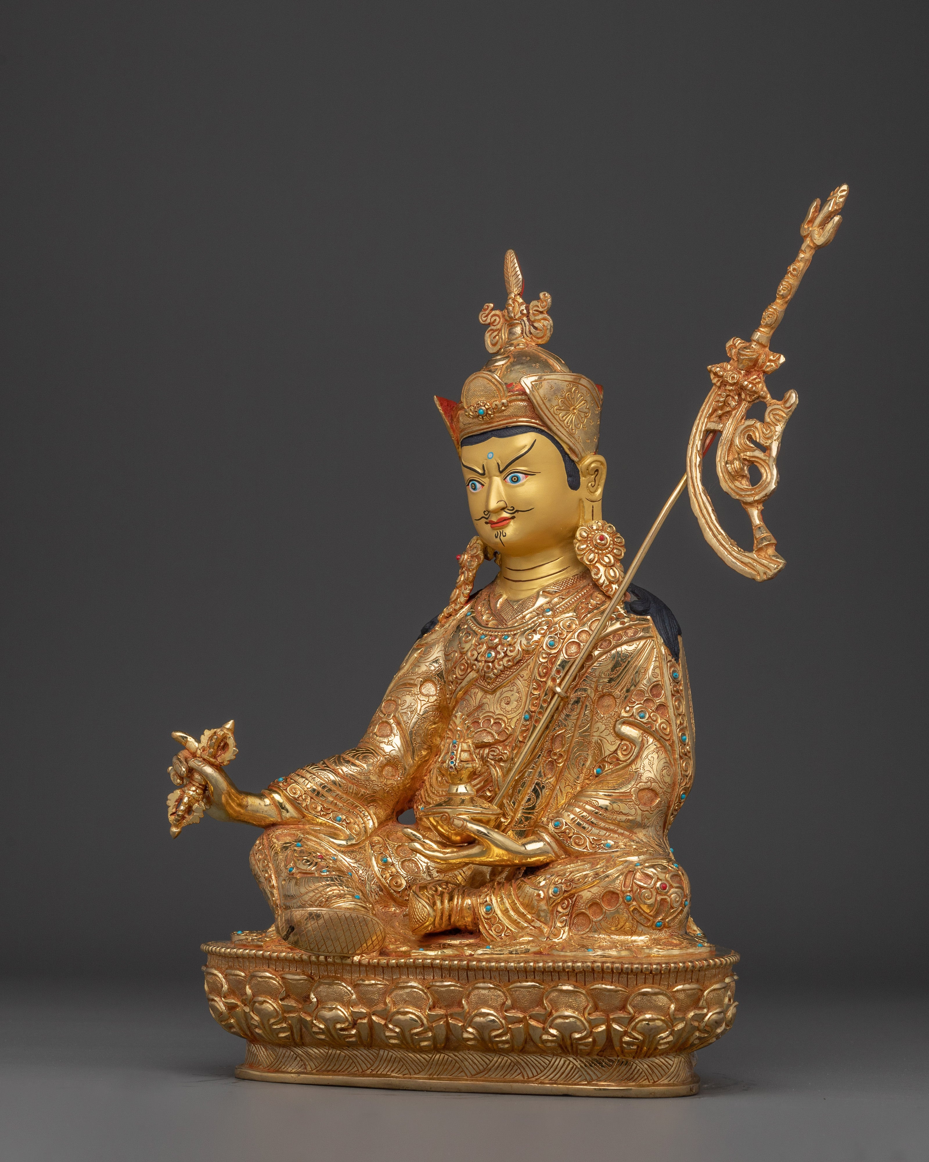 24K Gold-Gilded Guru Rinpoche Artwork | Sacred Copper Sculpture of Padmasambhava