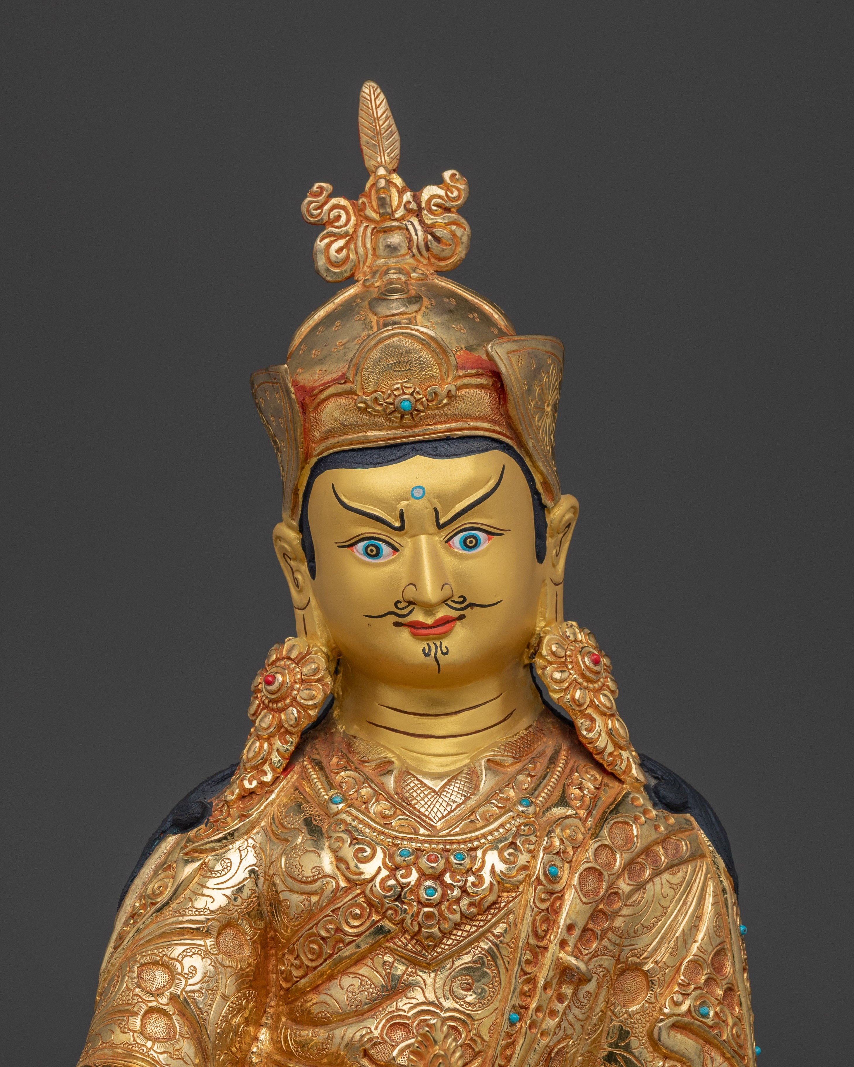 24K Gold-Gilded Guru Rinpoche Artwork | Sacred Copper Sculpture of Padmasambhava