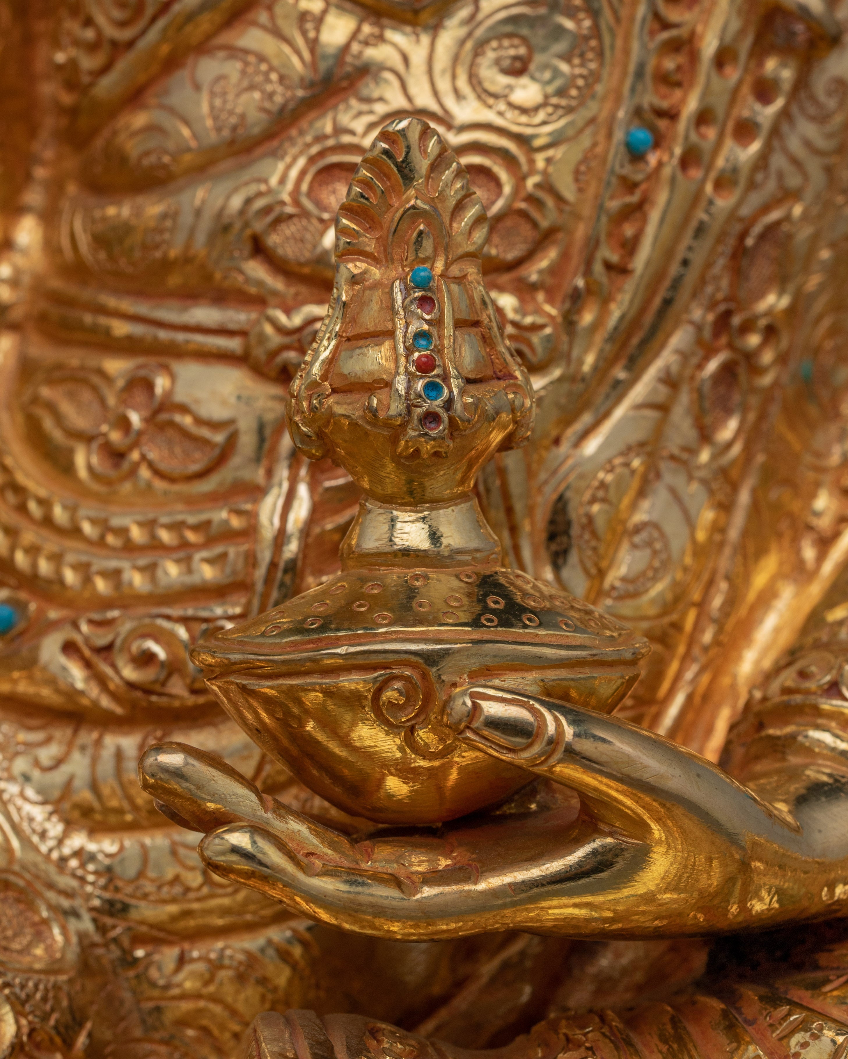 24K Gold-Gilded Guru Rinpoche Artwork | Sacred Copper Sculpture of Padmasambhava