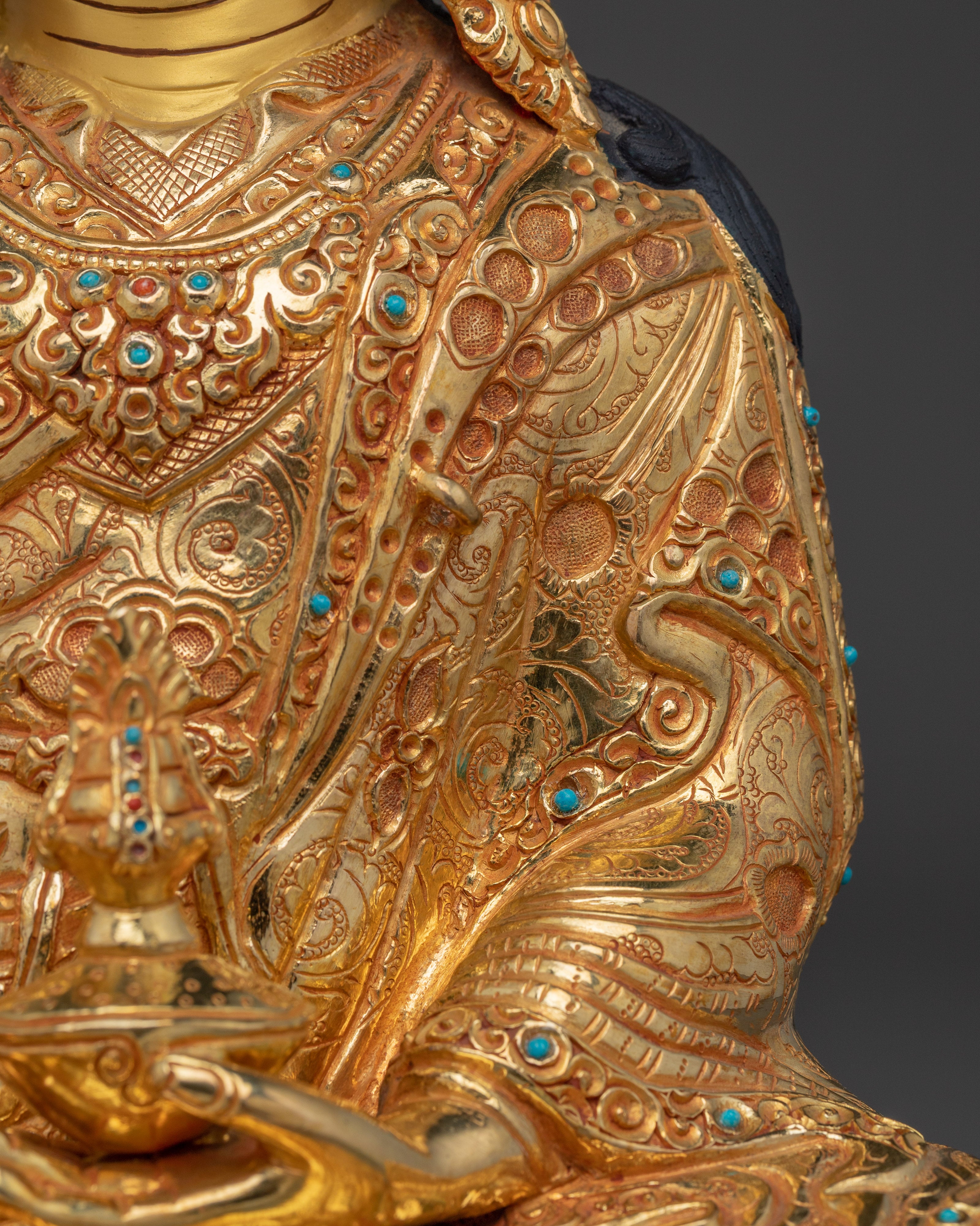 24K Gold-Gilded Guru Rinpoche Artwork | Sacred Copper Sculpture of Padmasambhava