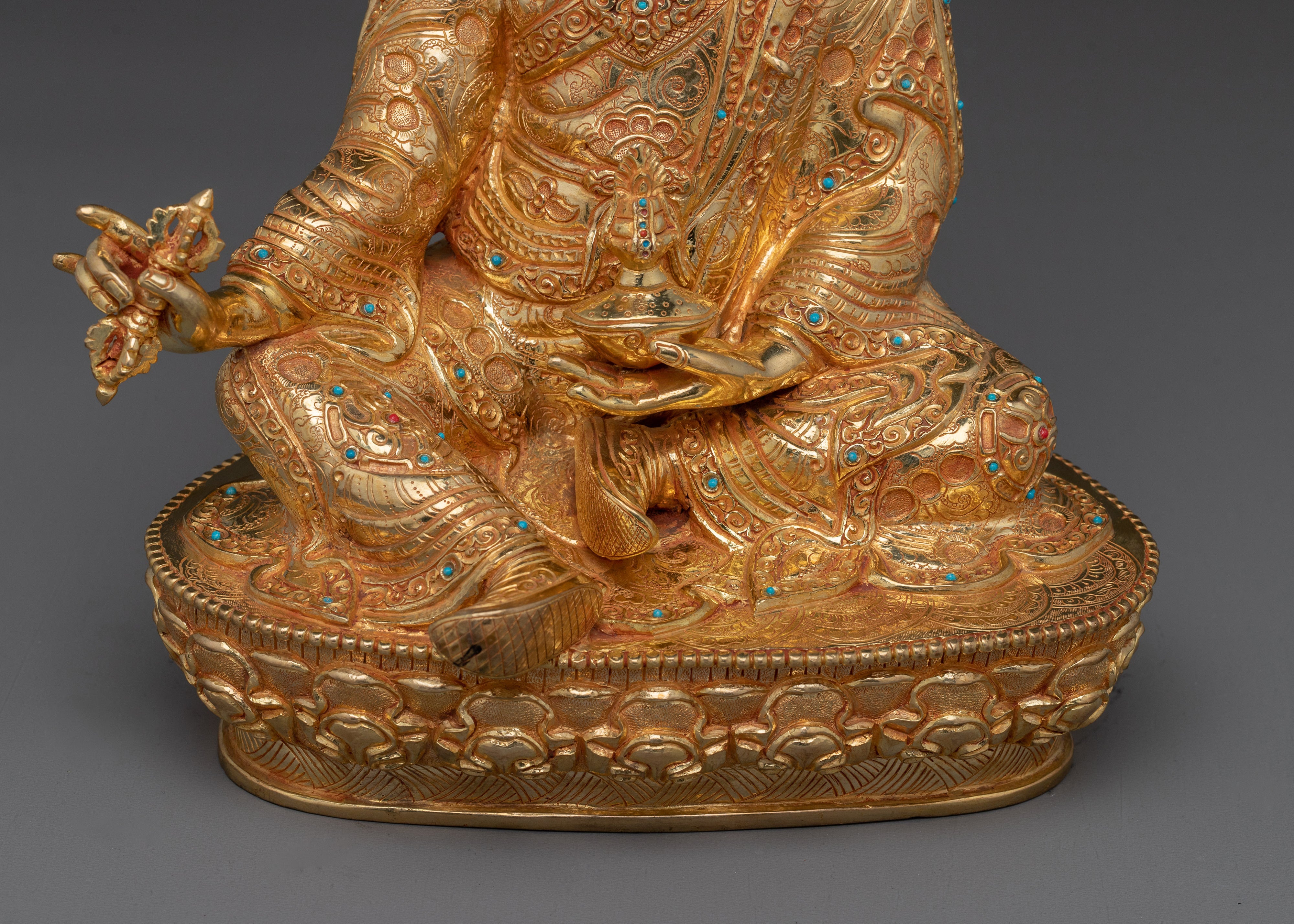 24K Gold-Gilded Guru Rinpoche Artwork | Sacred Copper Sculpture of Padmasambhava