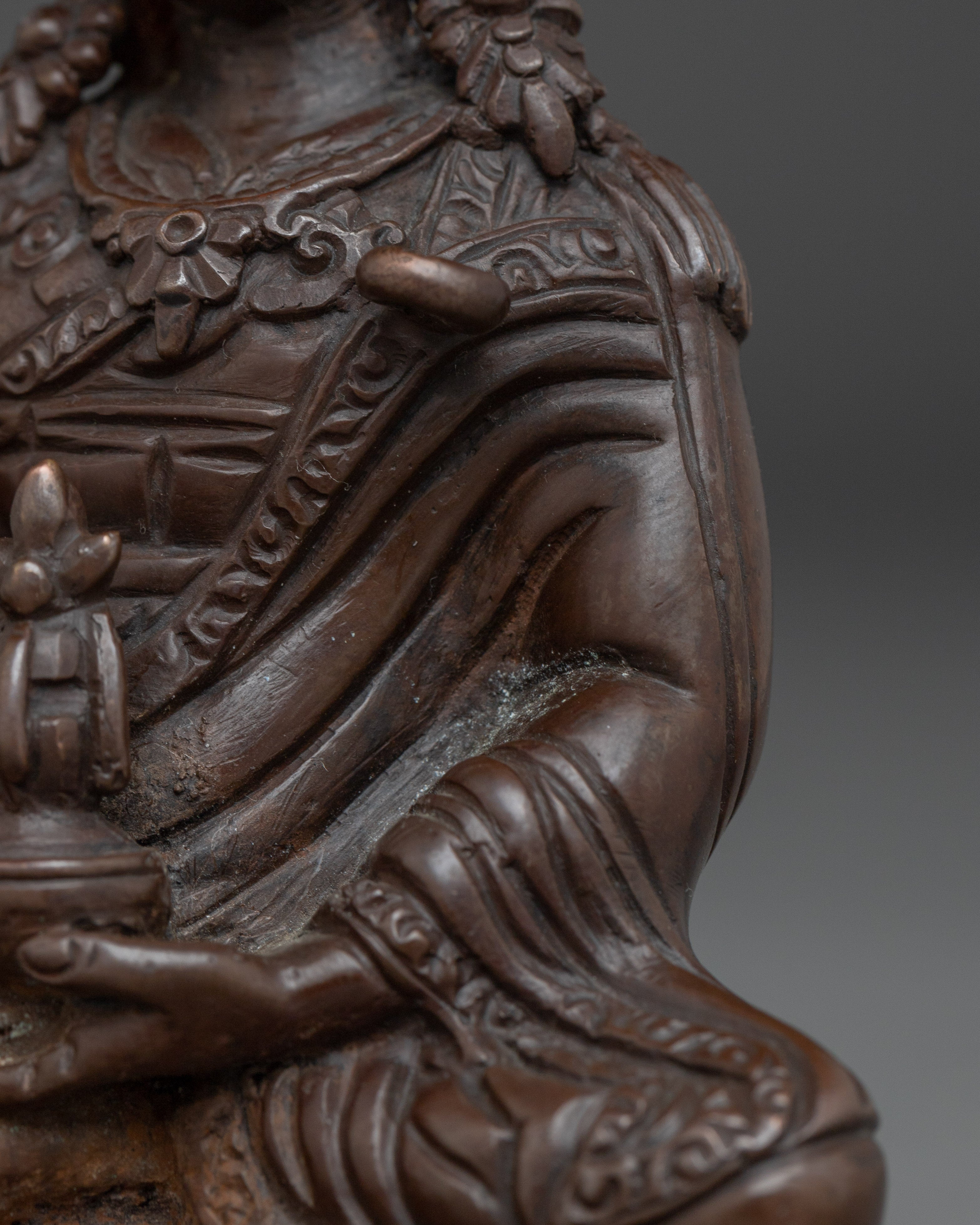 Oxidized Guru Rinpoche Artwork | Sacred Copper Sculpture of Padmasambhava for Shrine