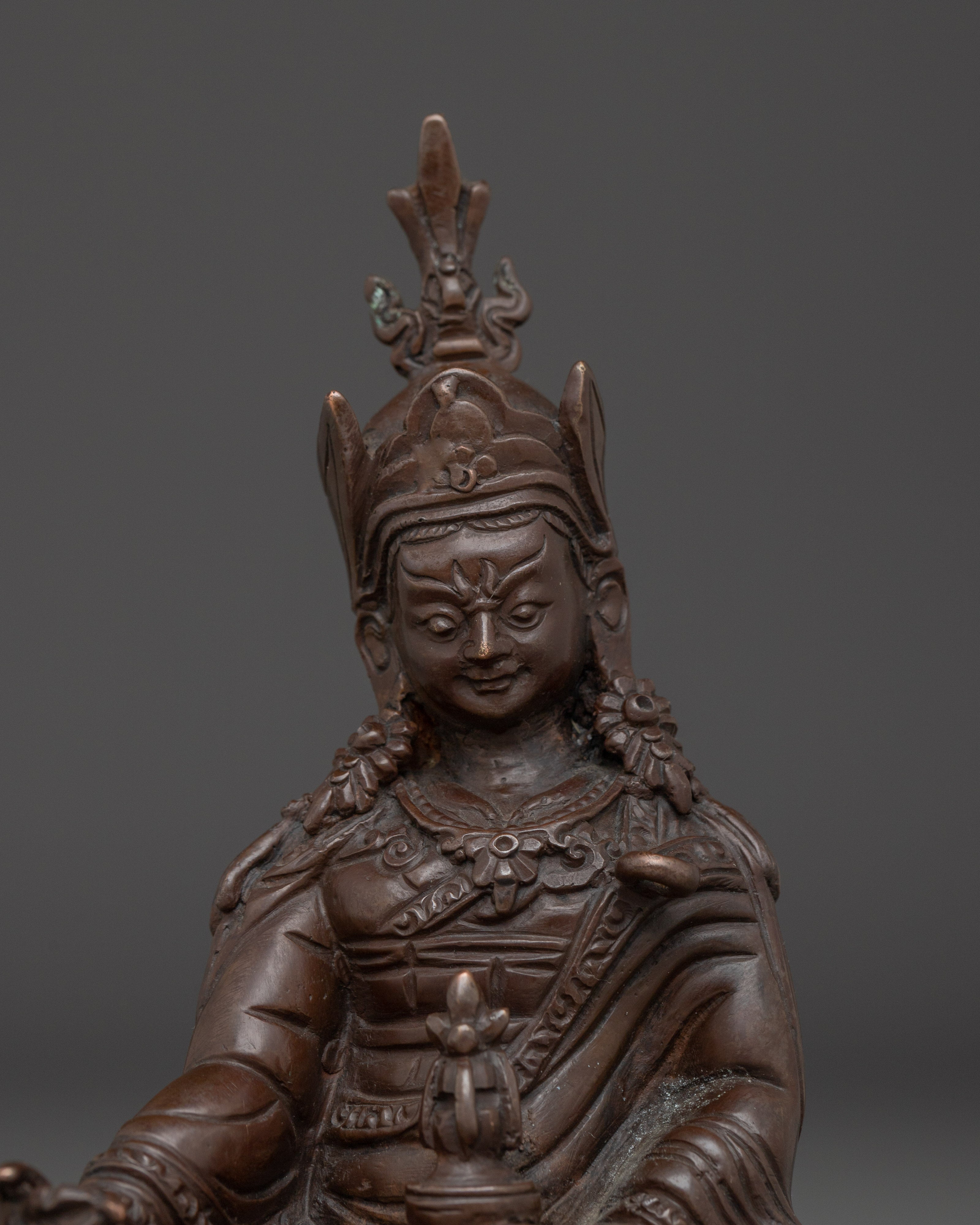 Oxidized Guru Rinpoche Artwork | Sacred Copper Sculpture of Padmasambhava for Shrine