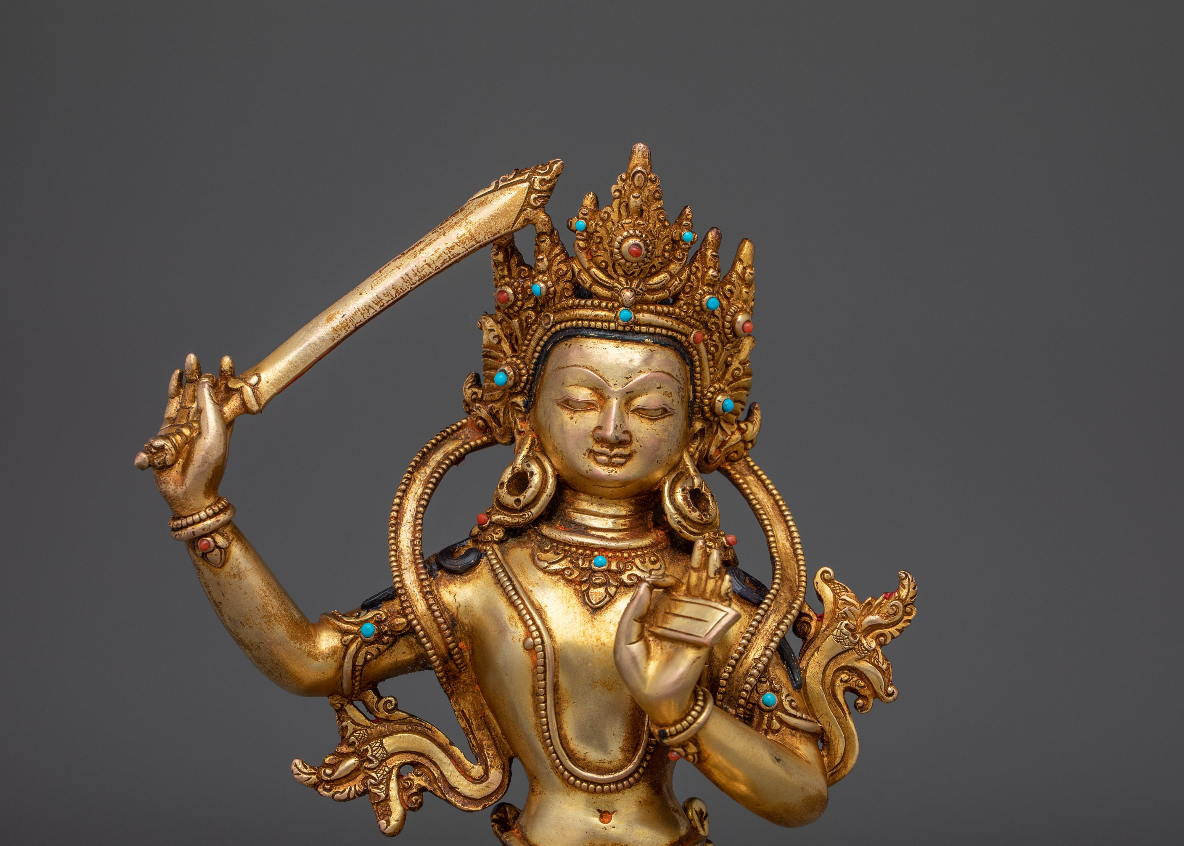 24K gold-gilded Manjushri Sculpture | Copper Deity for Wisdom & Enlightenment