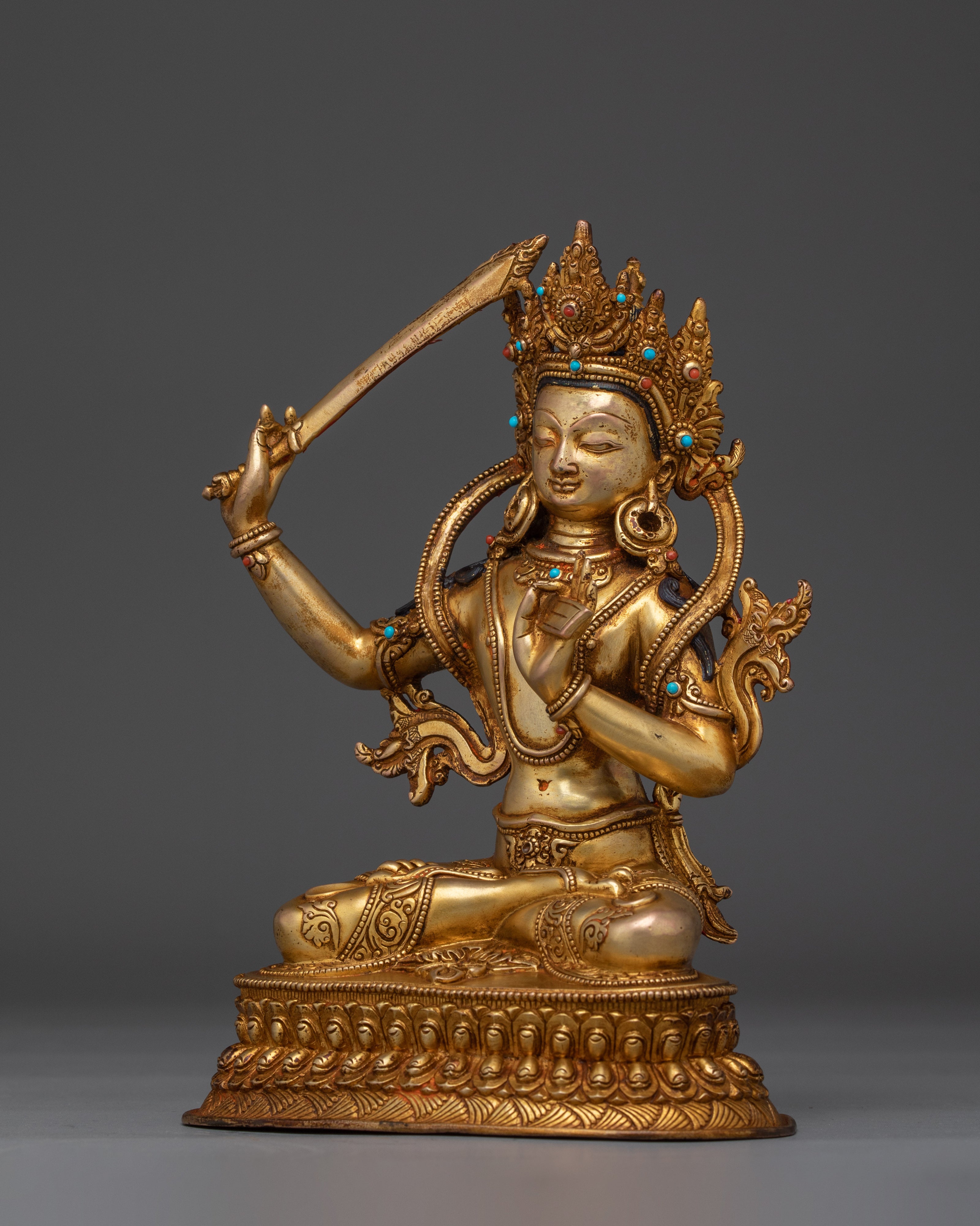 24K gold-gilded Manjushri Sculpture | Copper Deity for Wisdom & Enlightenment