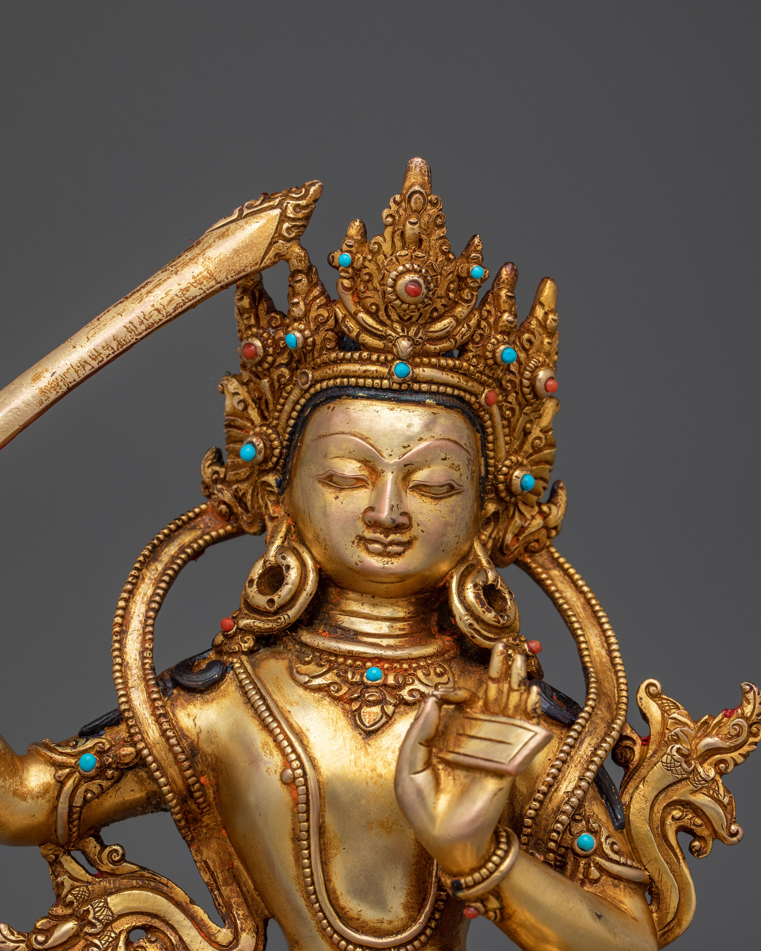 24K gold-gilded Manjushri Sculpture | Copper Deity for Wisdom & Enlightenment
