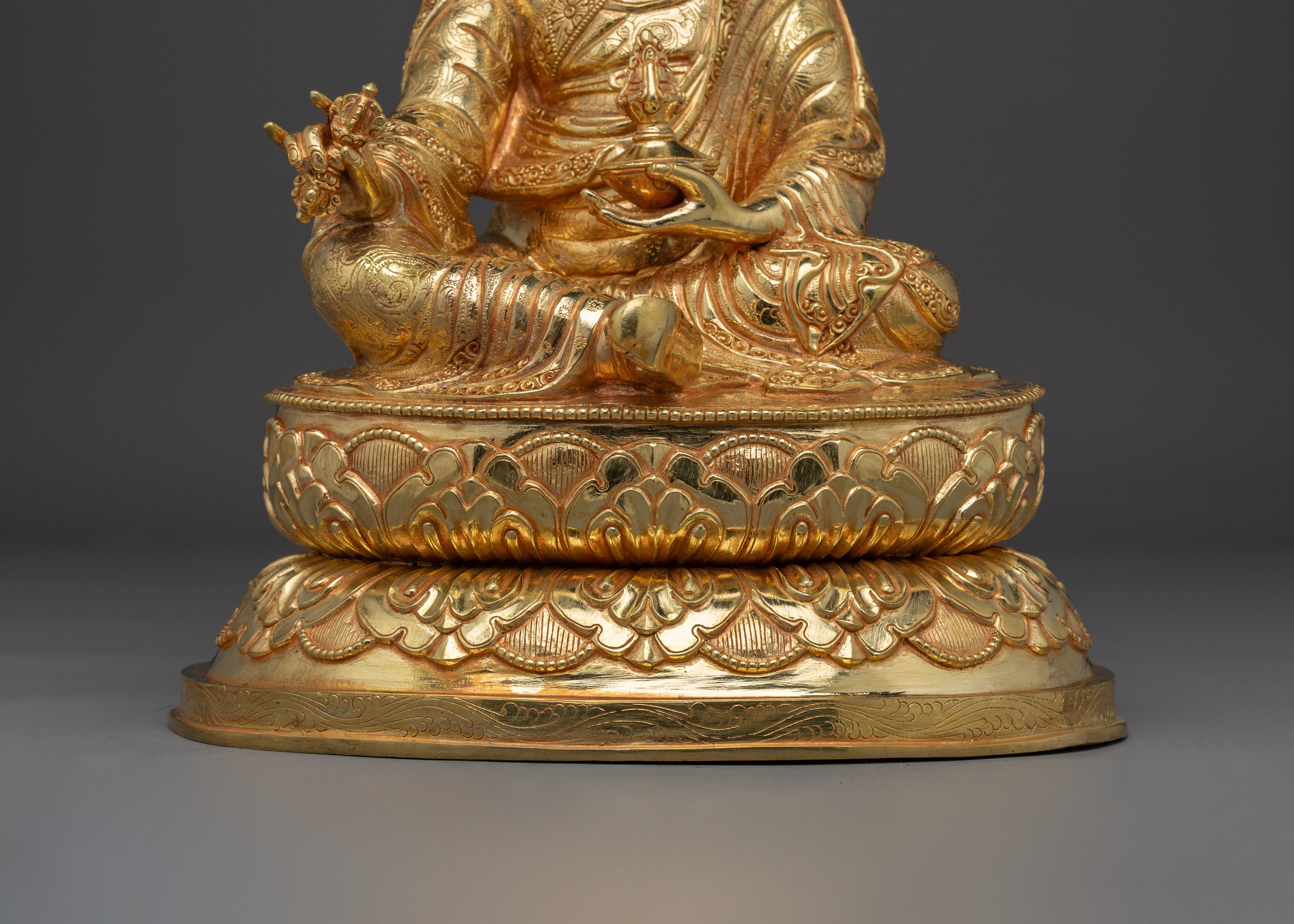 24K Gold-Gilded Golden Guru Rinpoche Statue | Sacred Copper Sculpture of Second Buddha