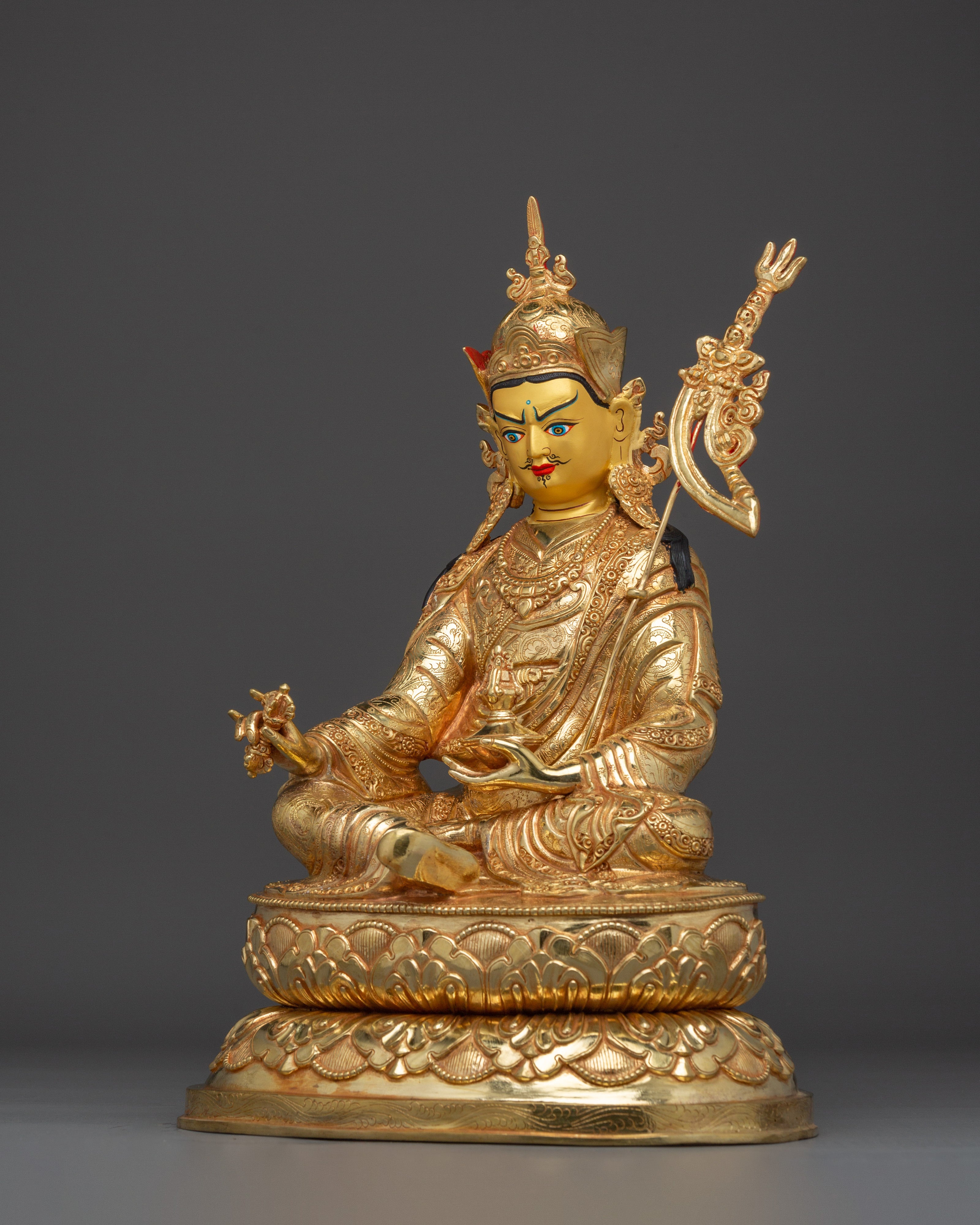 24K Gold-Gilded Golden Guru Rinpoche Statue | Sacred Copper Sculpture of Second Buddha