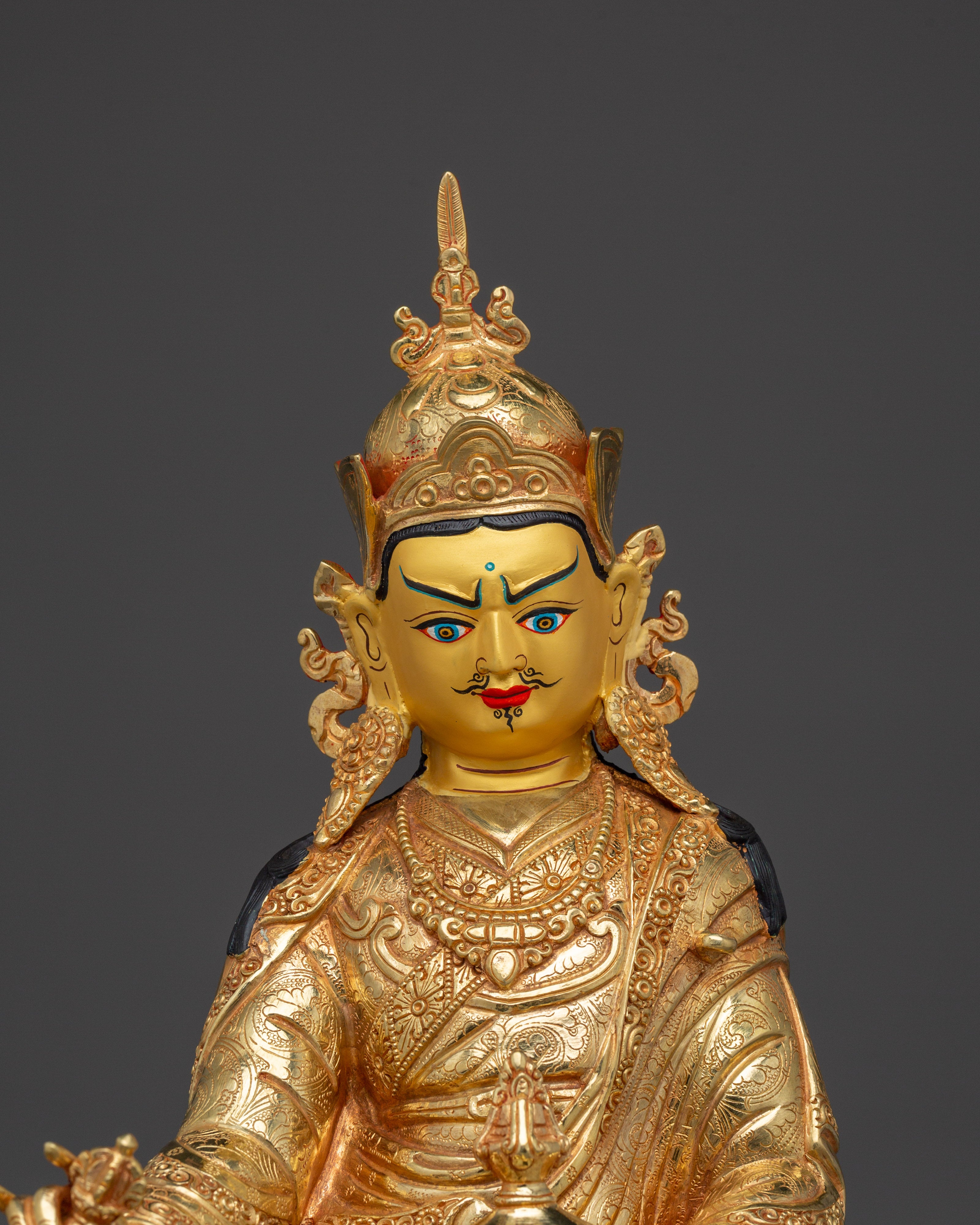 24K Gold-Gilded Golden Guru Rinpoche Statue | Sacred Copper Sculpture of Second Buddha