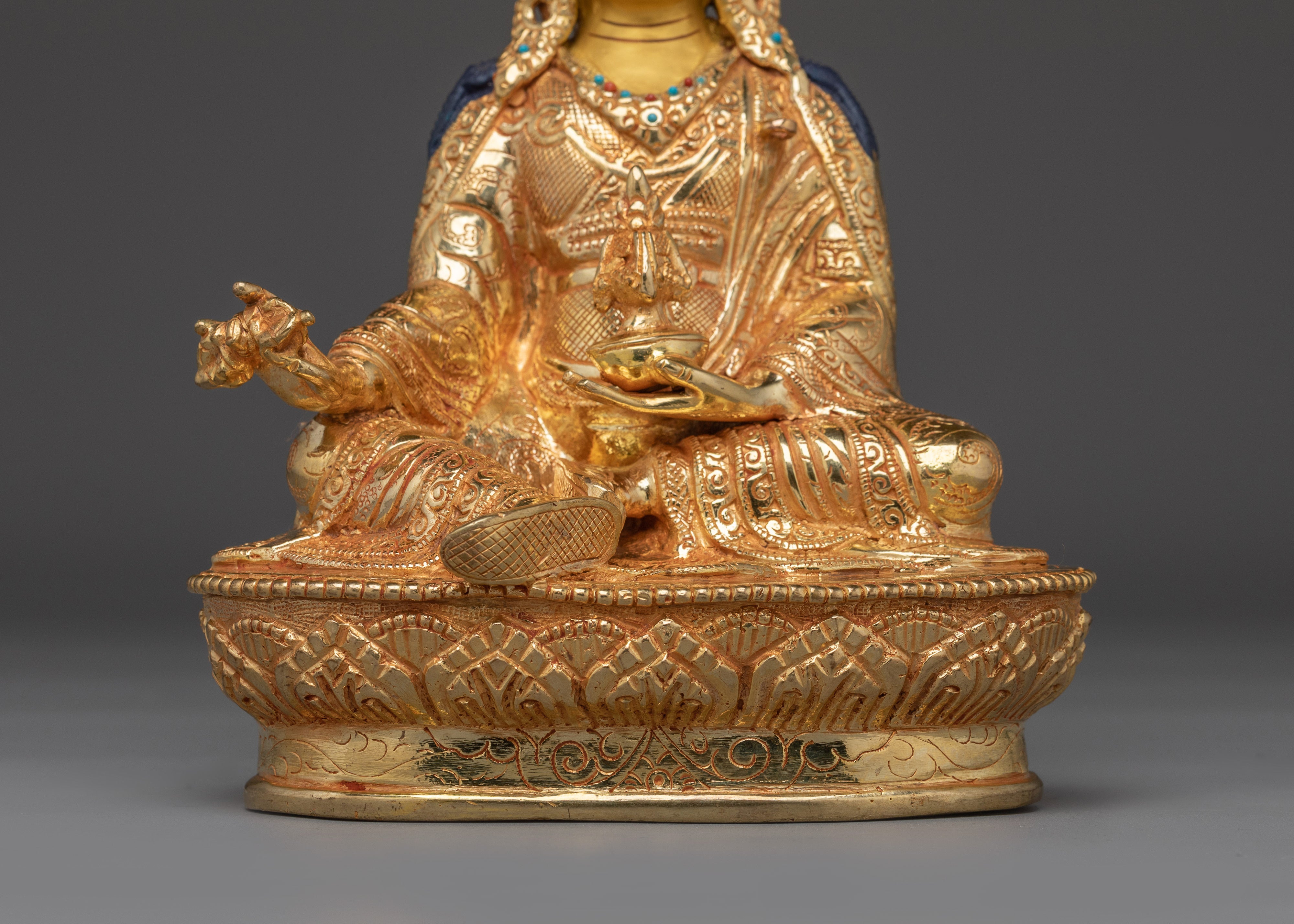 Handcrafted Gold Gilded Guru Rinpoche Statue | Copper Padmasambhava Sculpture