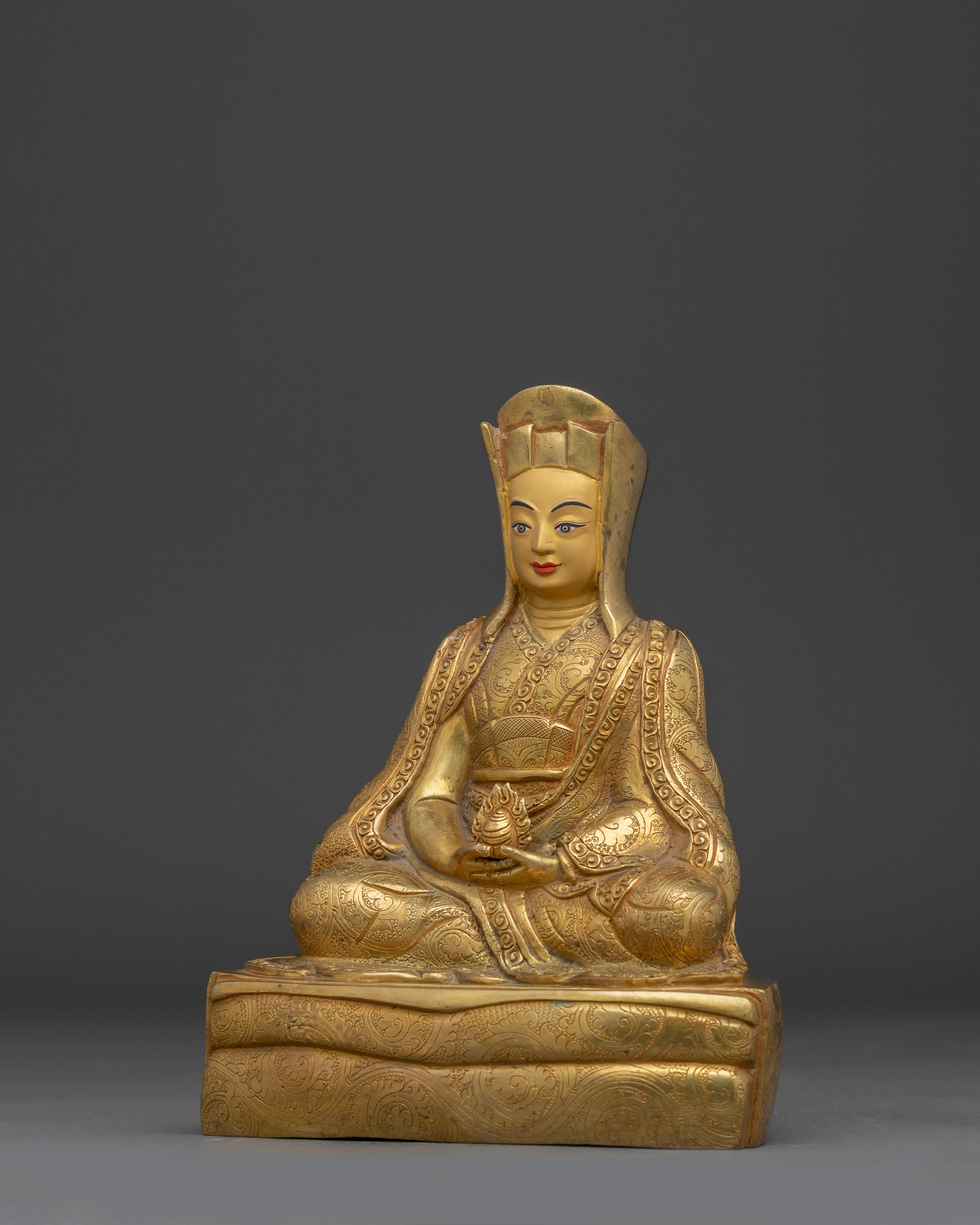 24K Gold Gilded Gampopa Statue | Tibetan Copper Work of Art for Spiritual Practice