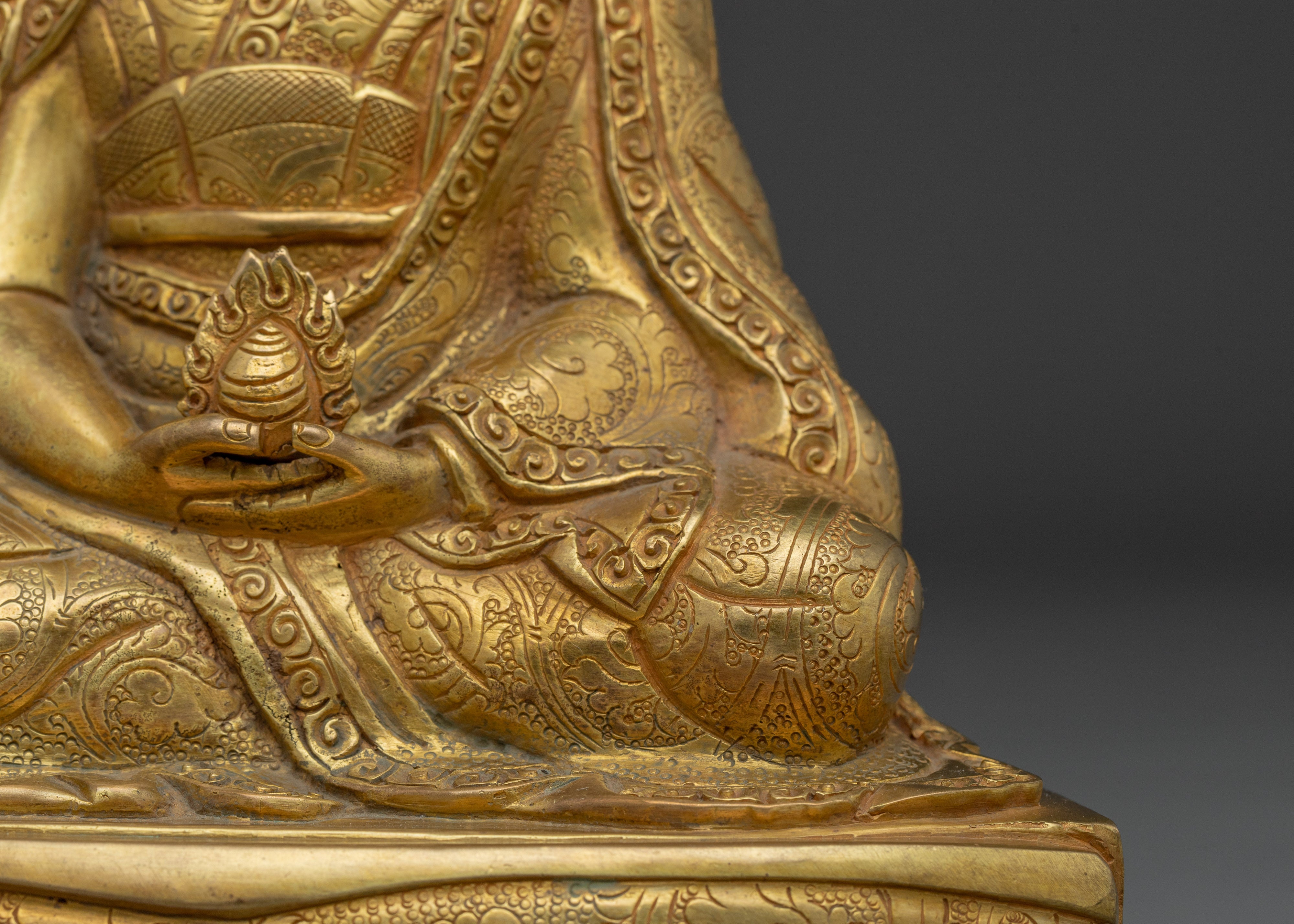24K Gold Gilded Gampopa Statue | Tibetan Copper Work of Art for Spiritual Practice