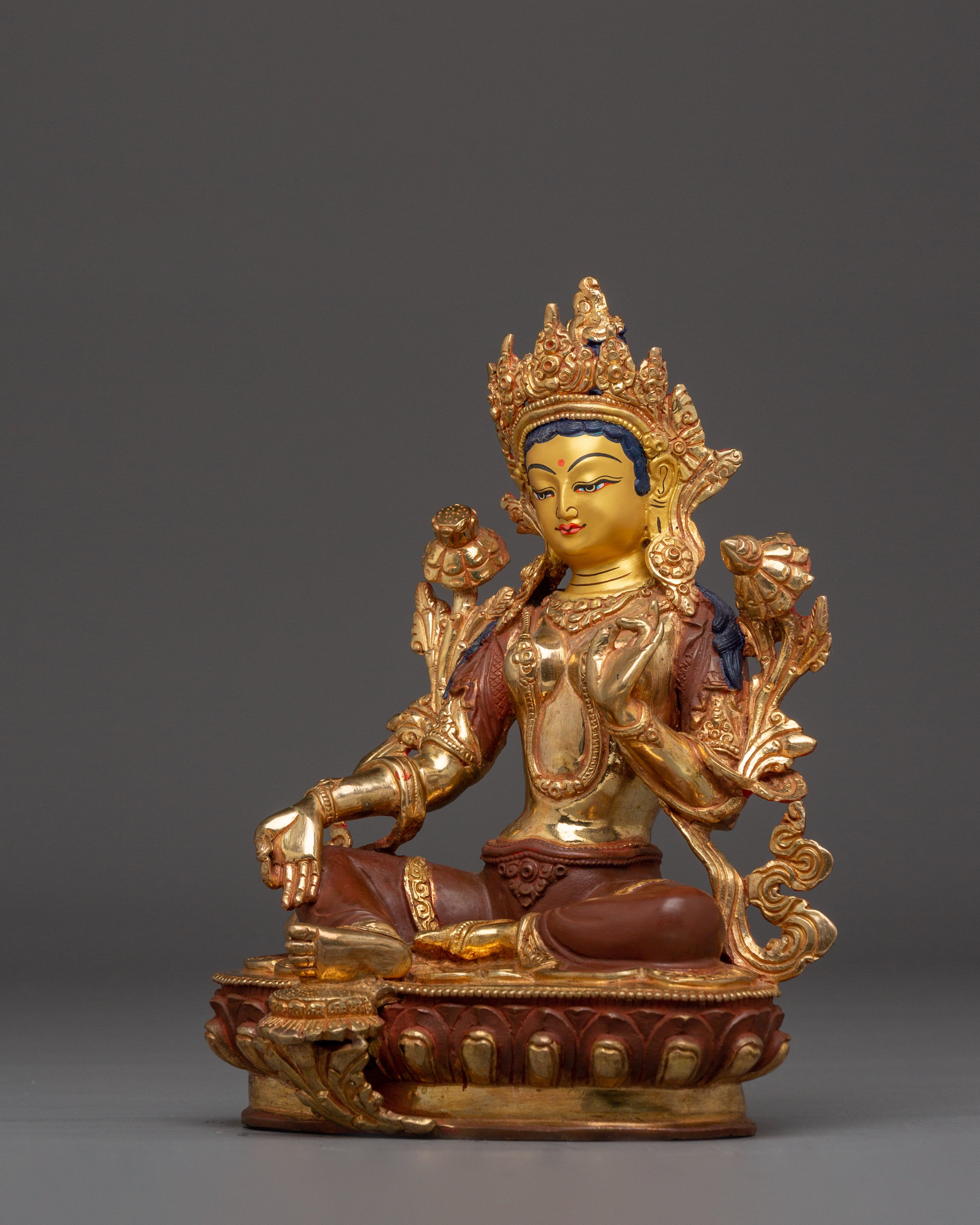 Golden Handmade Buddhist Green Tara Art | Compassionate Goddess