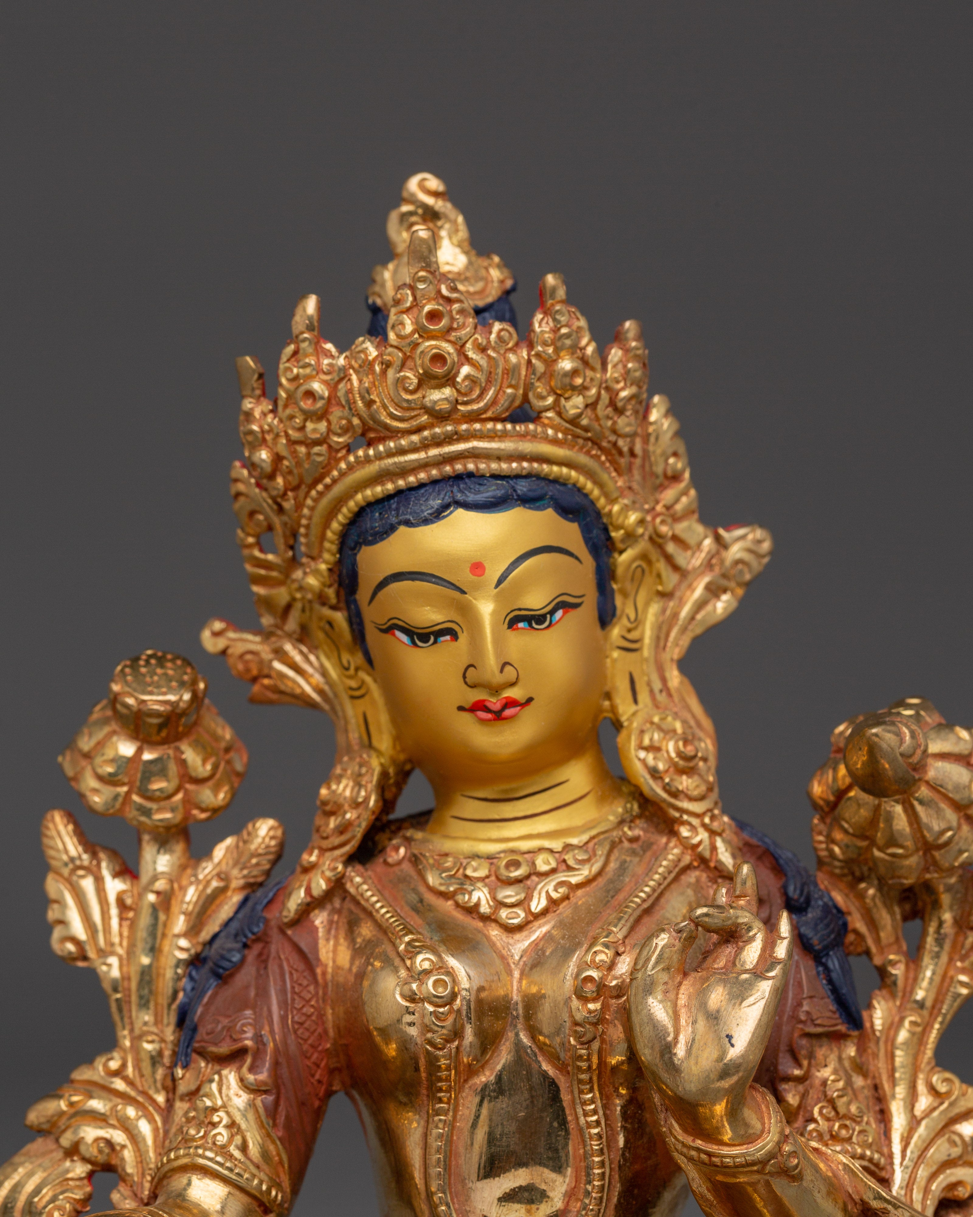 Golden Handmade Buddhist Green Tara Art | Compassionate Goddess
