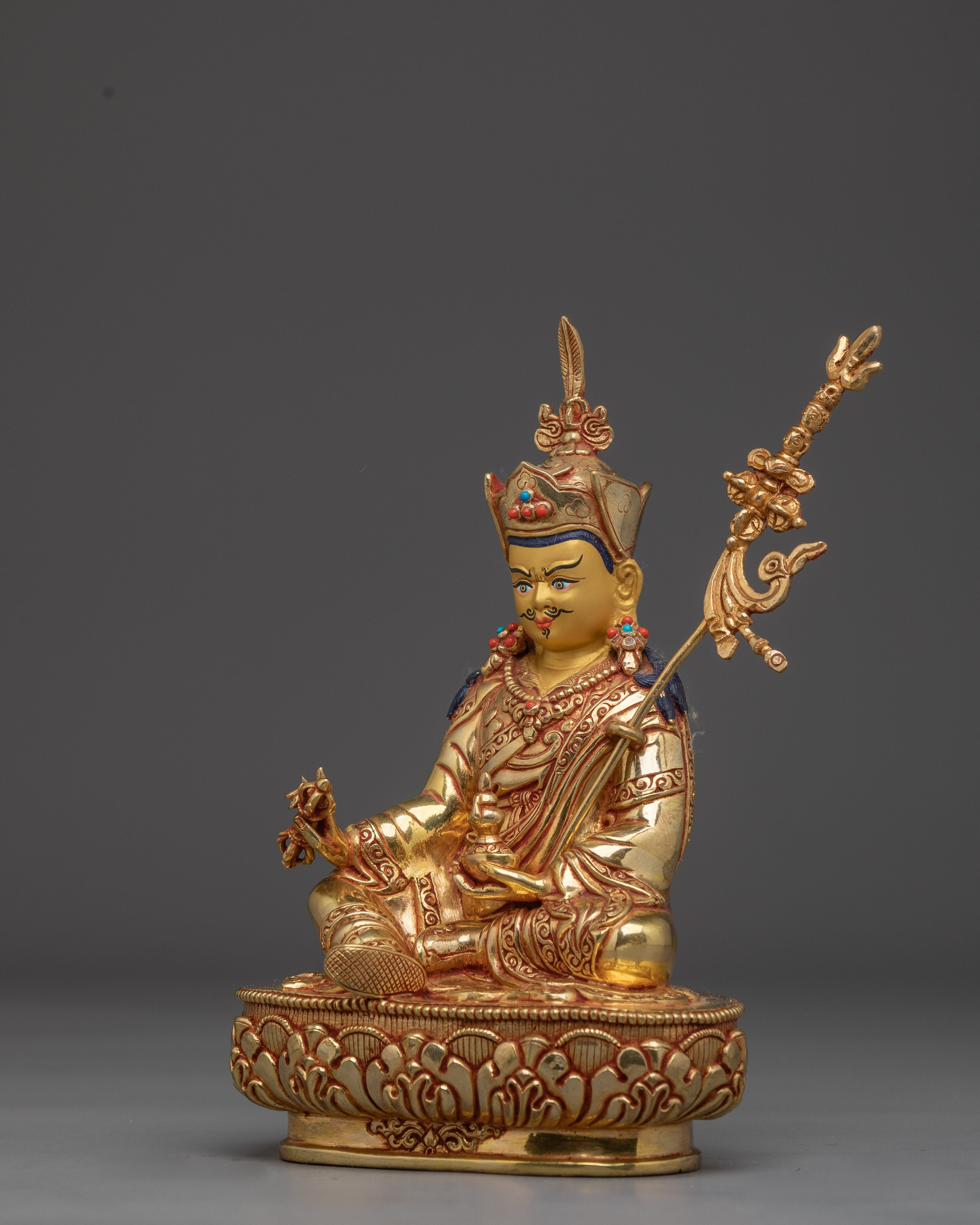24K Gold-Gilded Guru Rinpoche Figurine | Sacred Copper Sculpture of Padmasambhava