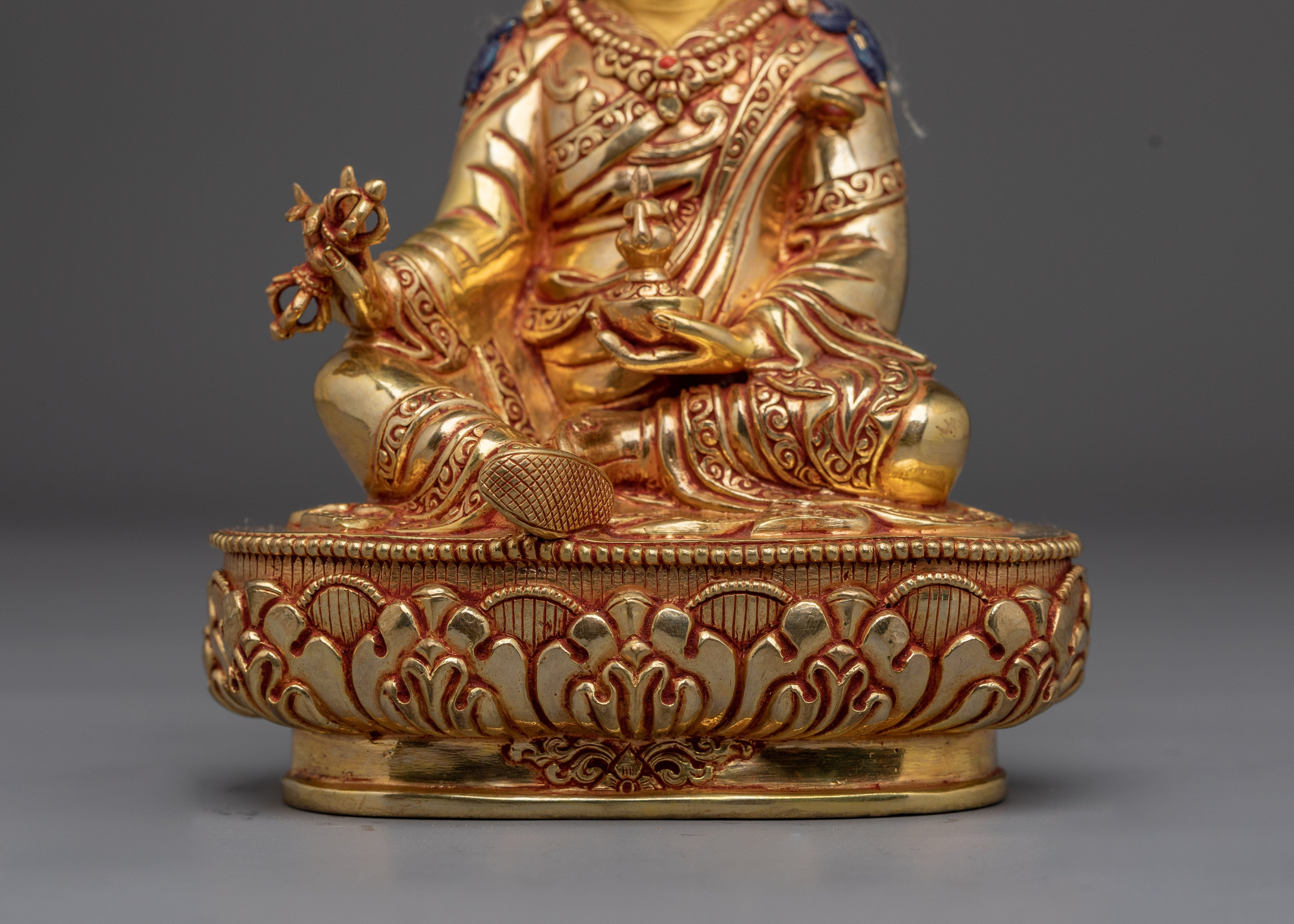 24K Gold-Gilded Guru Rinpoche Figurine | Sacred Copper Sculpture of Padmasambhava