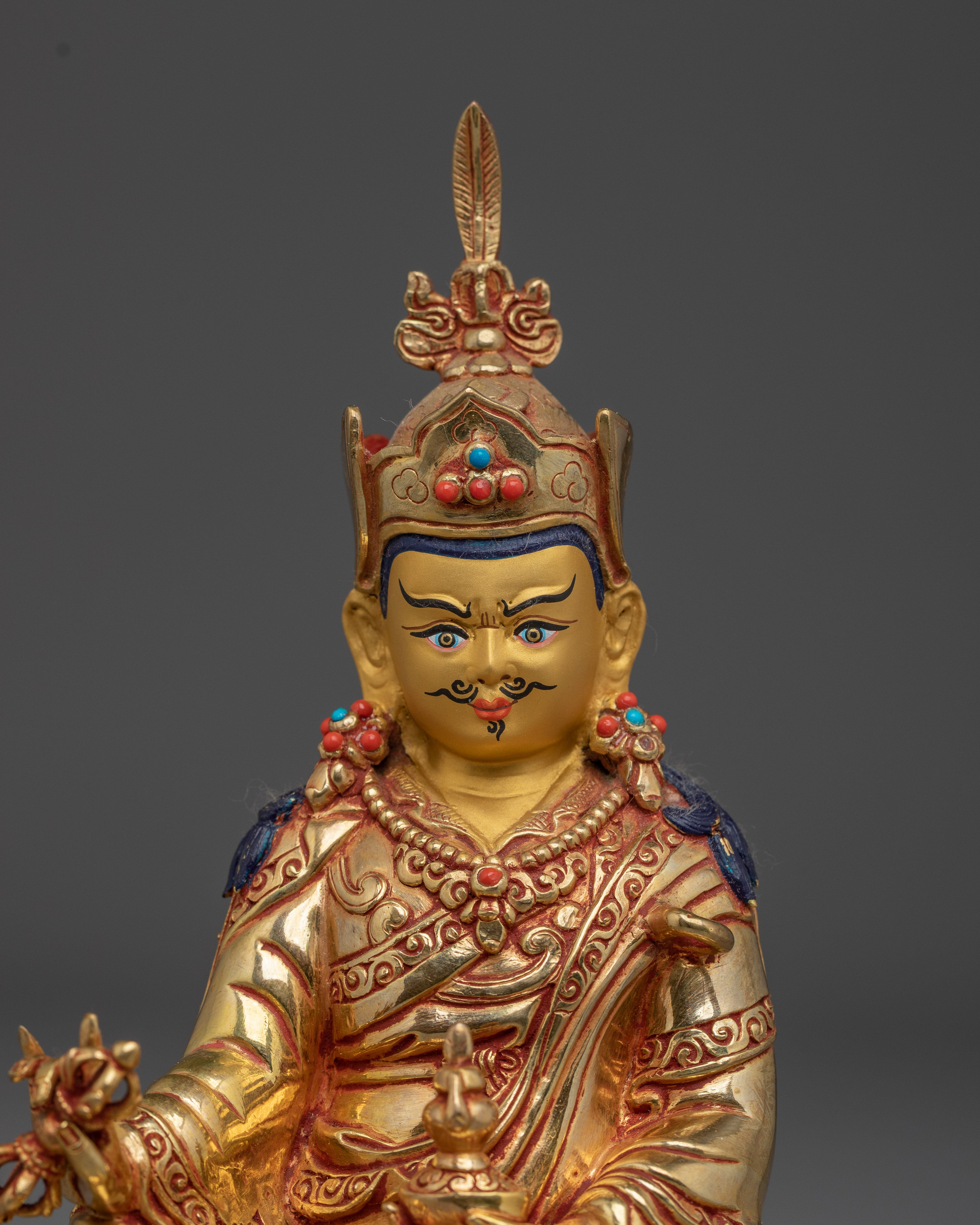 24K Gold-Gilded Guru Rinpoche Figurine | Sacred Copper Sculpture of Padmasambhava