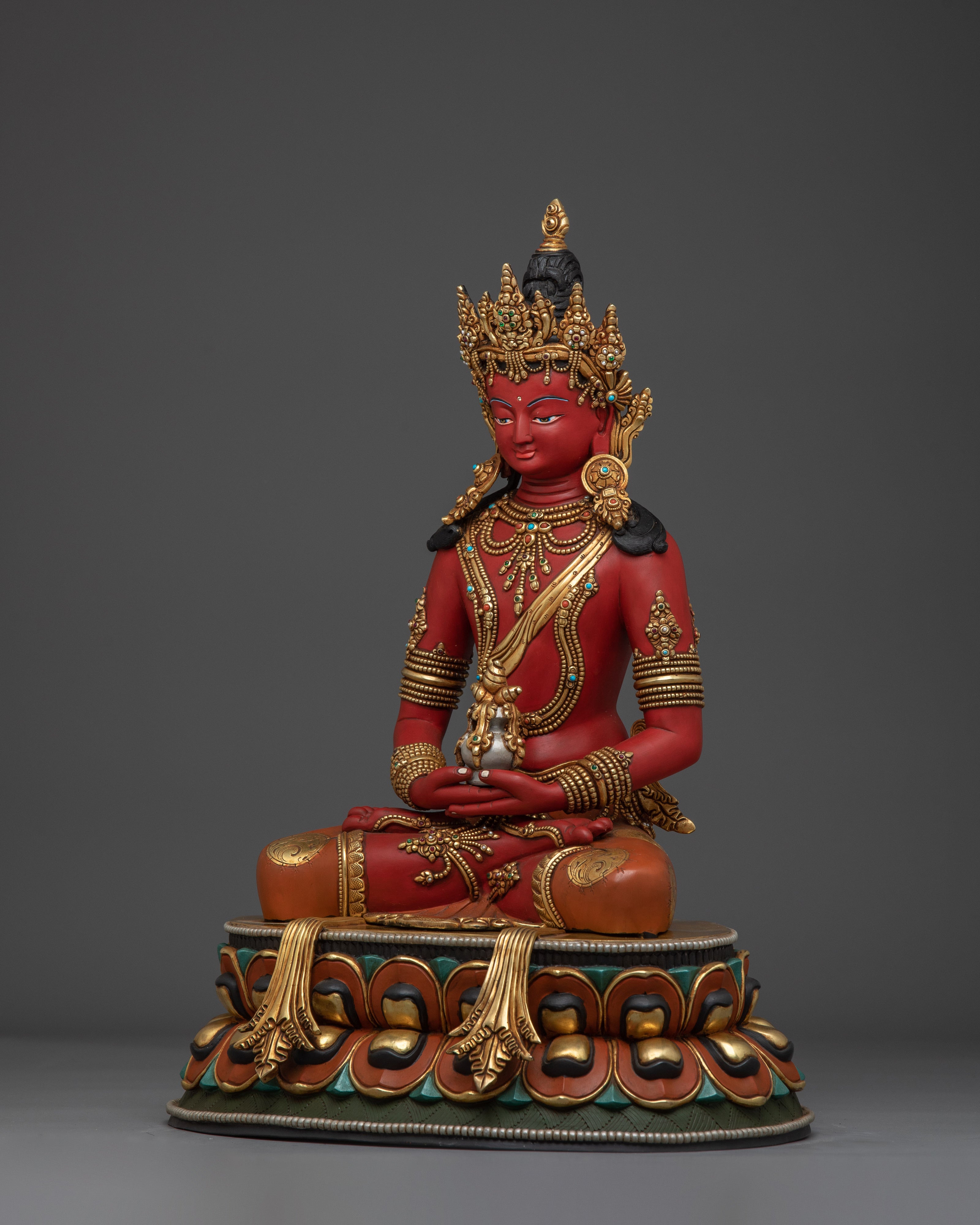 Red Amitayus Copper Statue | Elegant Sculpture for Altar, Meditation, and Healing